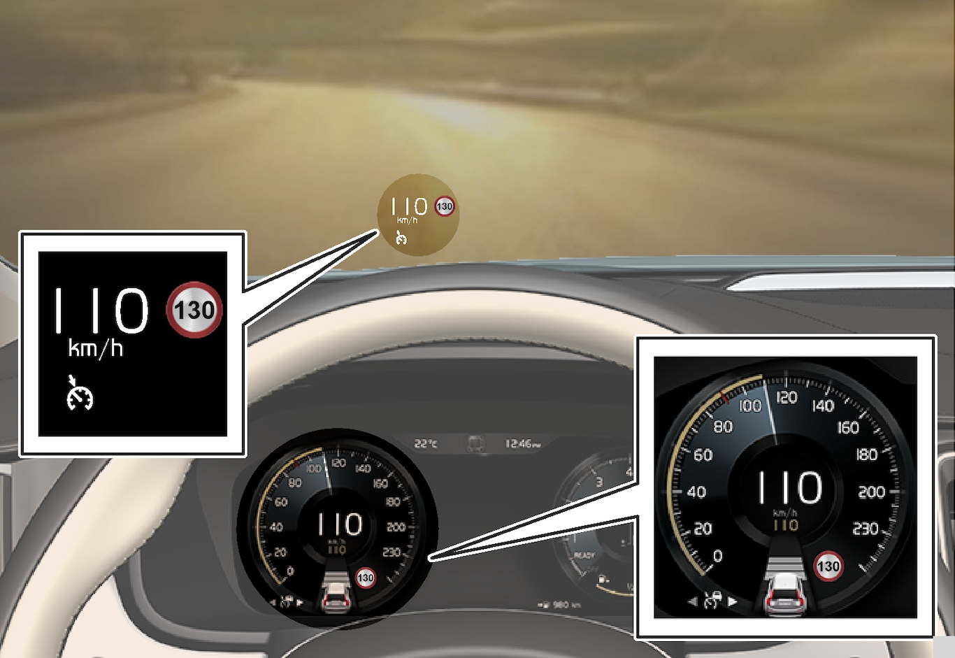 P5-V90/S90-1617-Adaptive Cruise Control, Follows, set to maintain 110 km/h and no vehicle ahead to follow