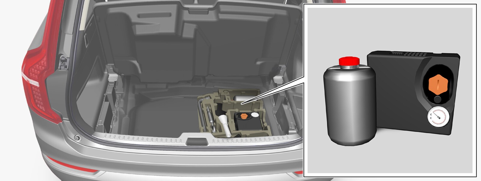 P5-1519-XC90 Hybrid temporary mobility kit in lugggage comp