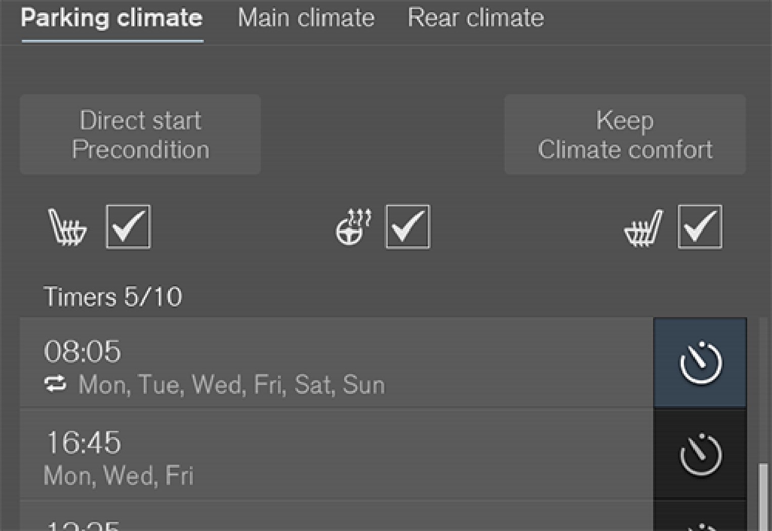 The timer buttons in the Parking climate  tab in the climate view.