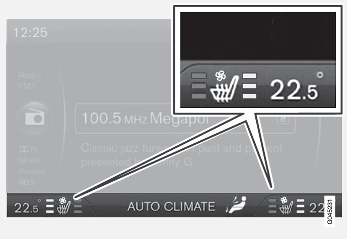 Current comfort level is shown in the centre console display screen.