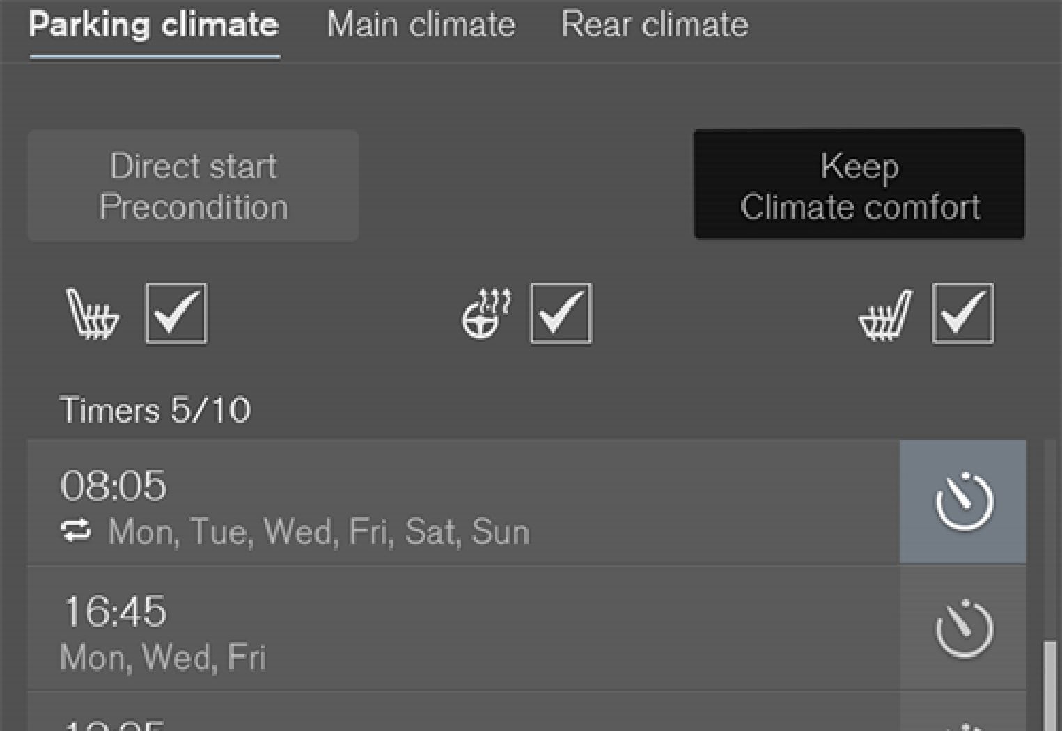 Button for climate comfort retention in the Parking climate tab in the climate view.