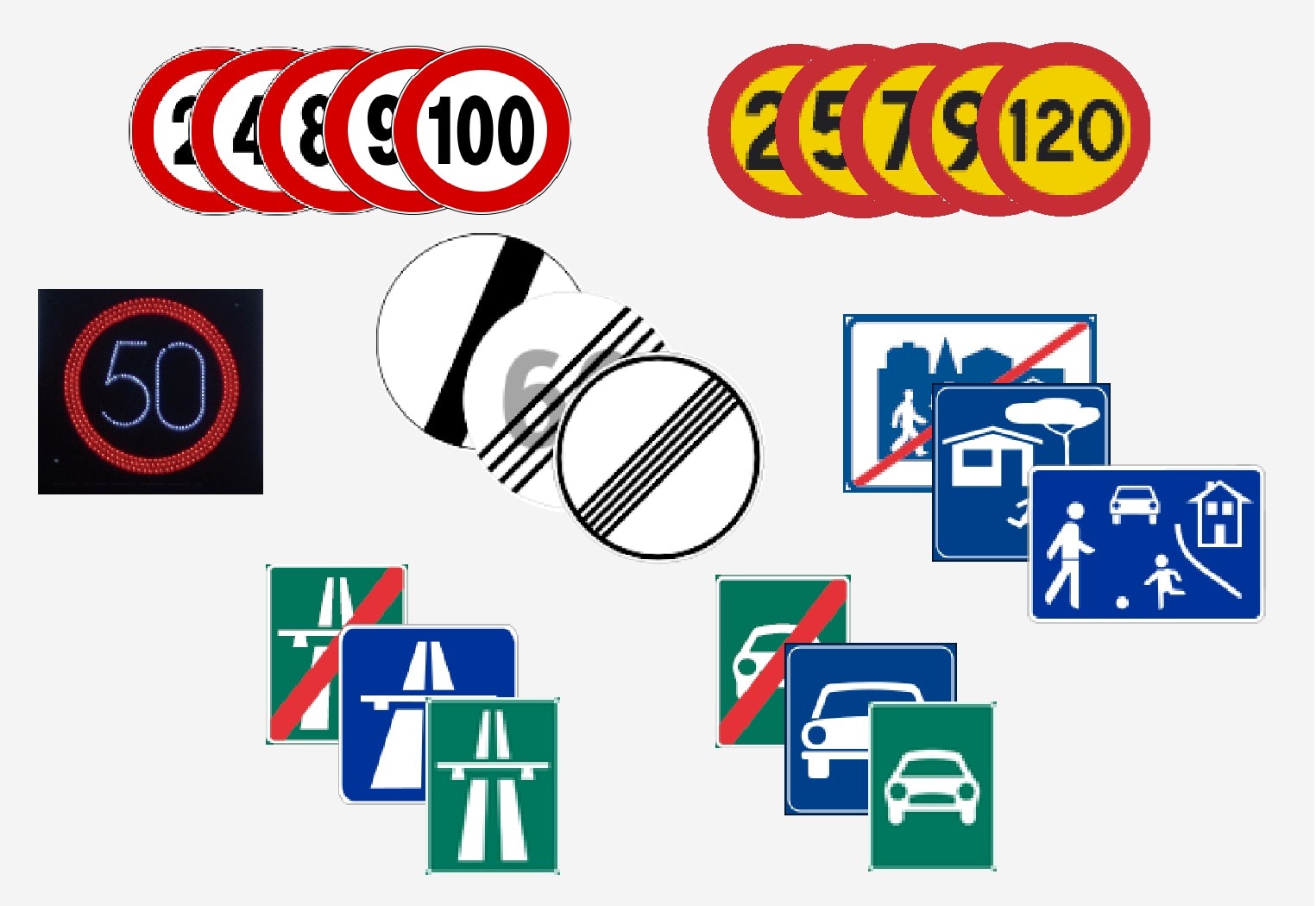 Приклади дорожніх знаків, що розпізнаютьсяДорожні знаки відрізняються залежно від ринку - на малюнках у цій інструкції наведені лише декілька прикладів..