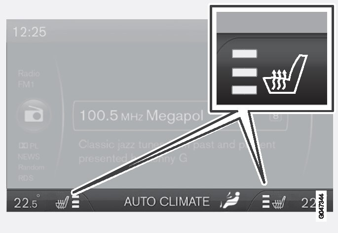O nível de aquecimento actual aparece no ecrã da consola central.