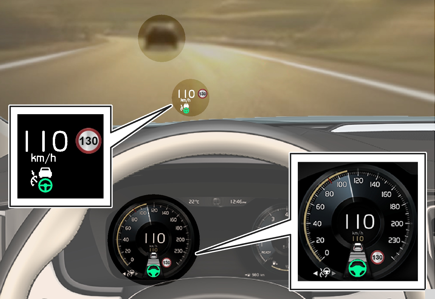P5-V90/S90-1646-Pilot Assist, set to maintain 110 km/h, to follow a vehicle ahead and steering assistance