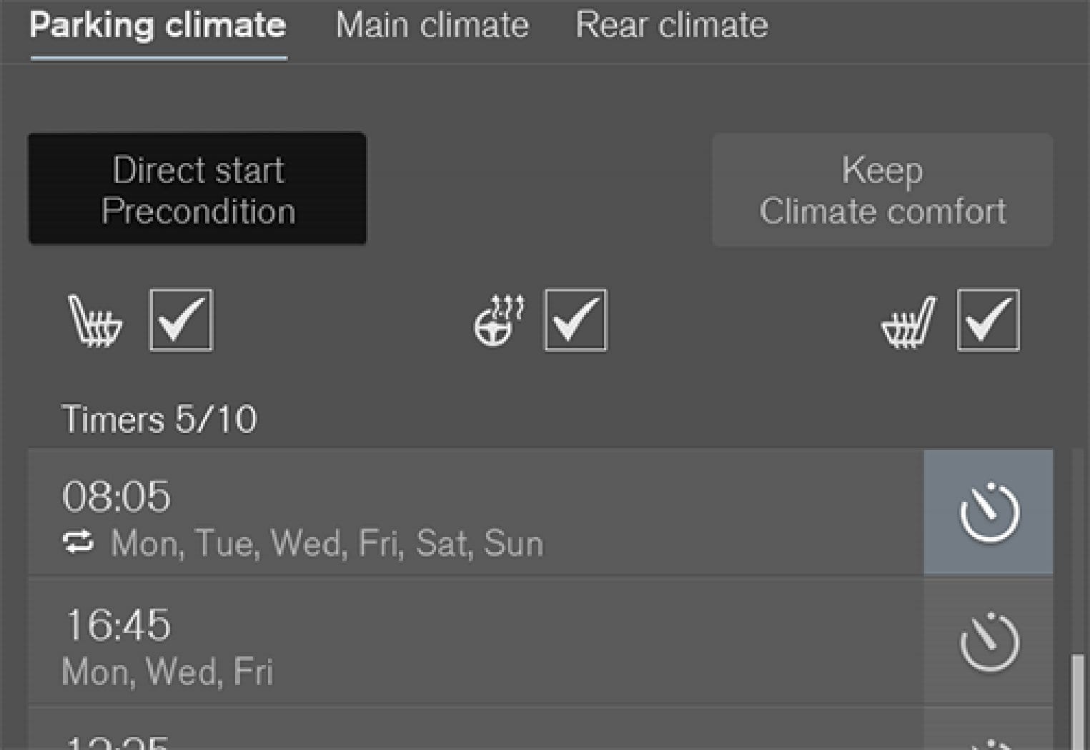 Preconditioning button in the Parking climate  tab in the climate view.