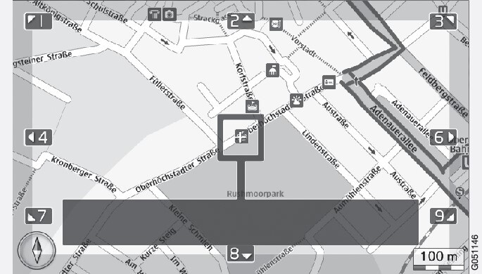 具有十字準線的卷軸模式以名稱或 GPS 座標選擇十字準線/游標應顯示的位置，請參閱地圖選項地圖選項。。
