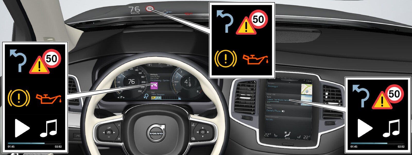 Different types of information are shown in different displays depending on how the information should be prioritised.