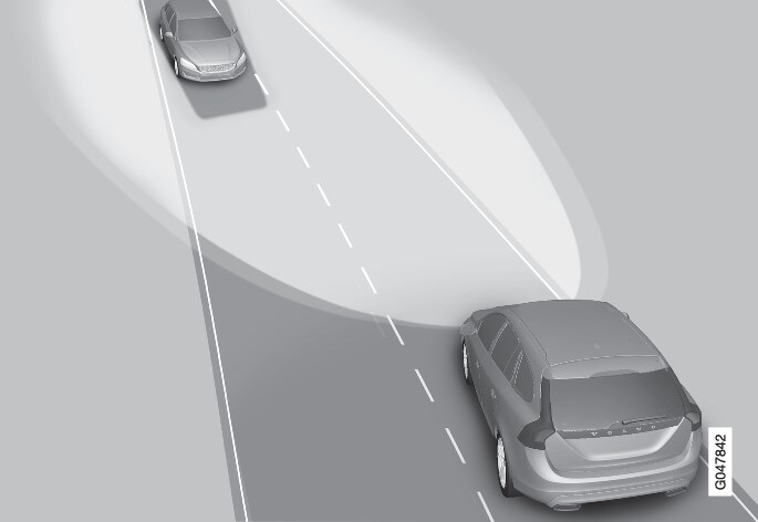 Adaptive Funktion: Abblendlicht direkt in Richtung entgegenkommender Fahrzeuge, aber weiterhin Fernlicht auf beiden Seiten des Fahrzeugs.