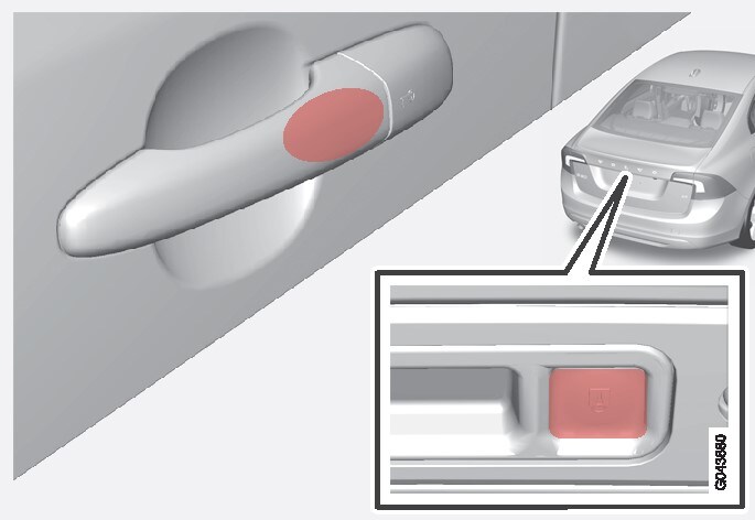Der berührungsempfindliche Bereich am Außentürgriff der Türen sowie die gummierte Taste neben der gummierten Druckplatte des Kofferraumdeckels.