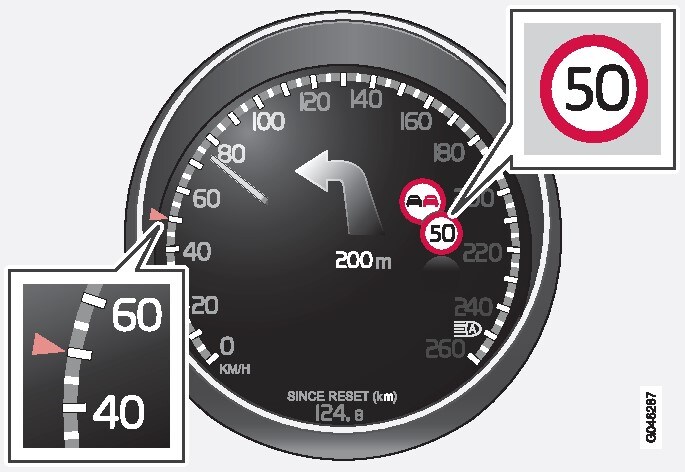 Зареєстрована інформація про швидкістьДорожні знаки, що відображаються на панелі приладів, залежать від ринку. На ілюстраціях цієї інструкції з експлуатації наведено лише декілька прикладів..