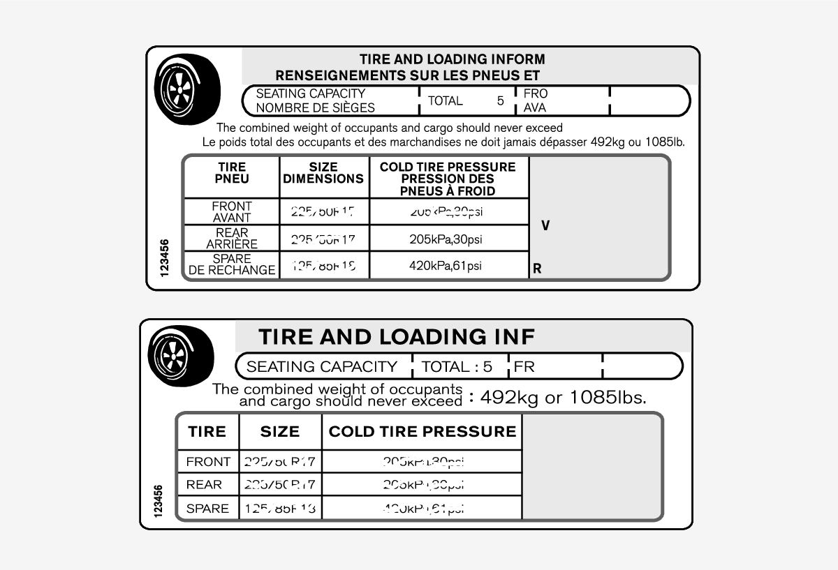 P5-1717-Label, Tire inflation pressures for USA and Canada