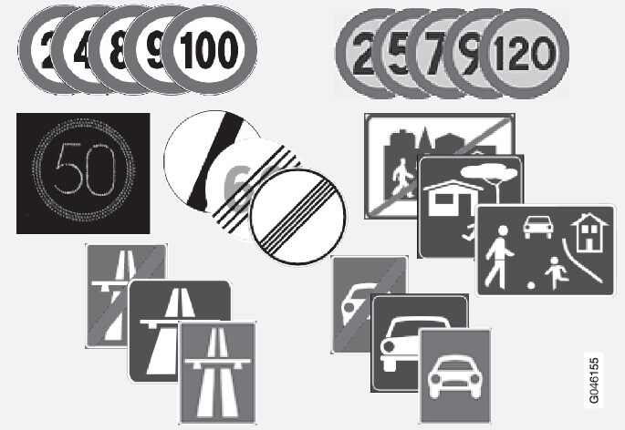 Loetavate kiirusega seotud märkide näitedNäidikuplokis kuvatavad liiklusmärgid olenevad riigist - juhendi joonistel on toodud vaid mõned näited..