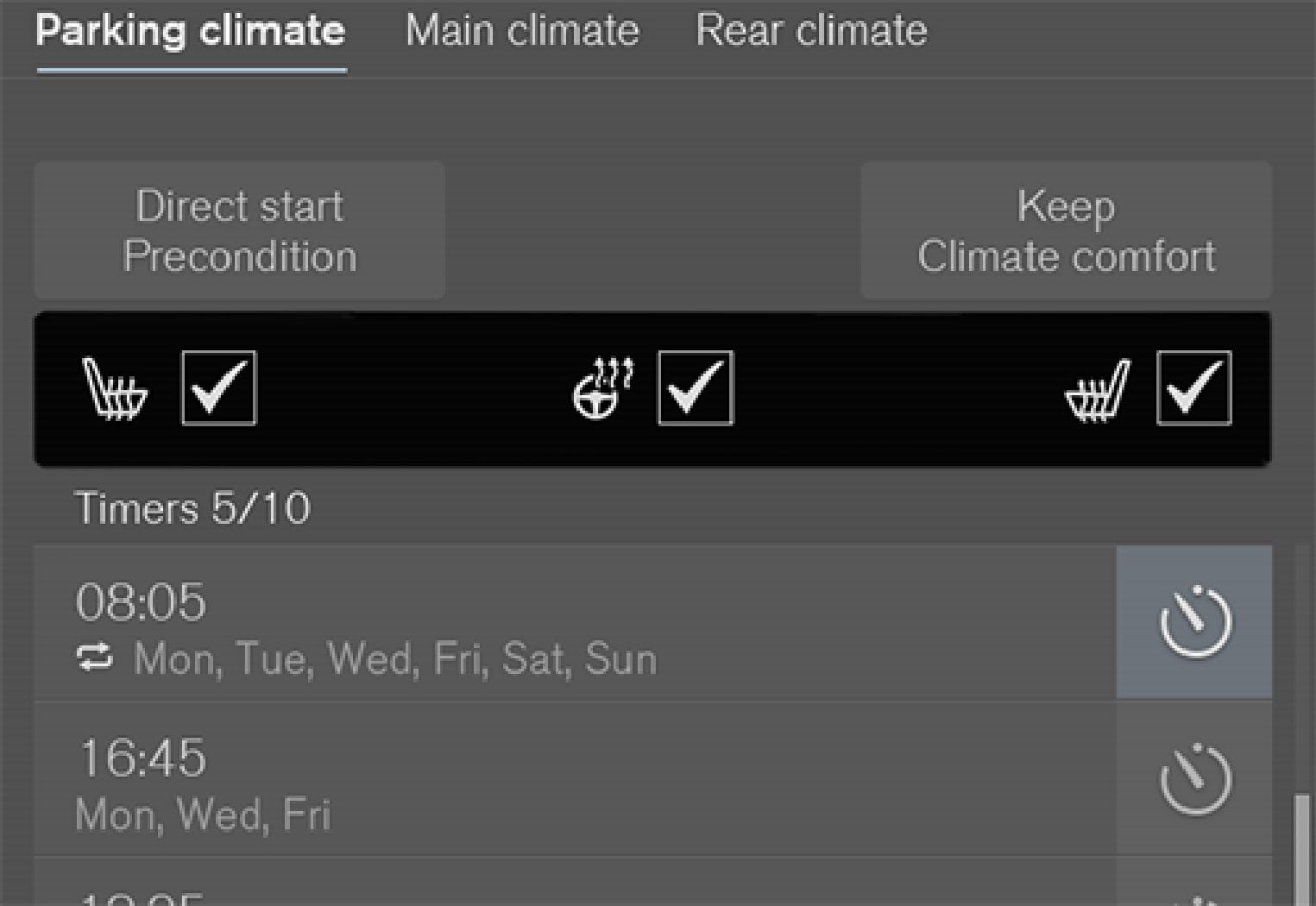 Boxes for seat heating and steering wheel heating in the Parking climate tab in the climate view.