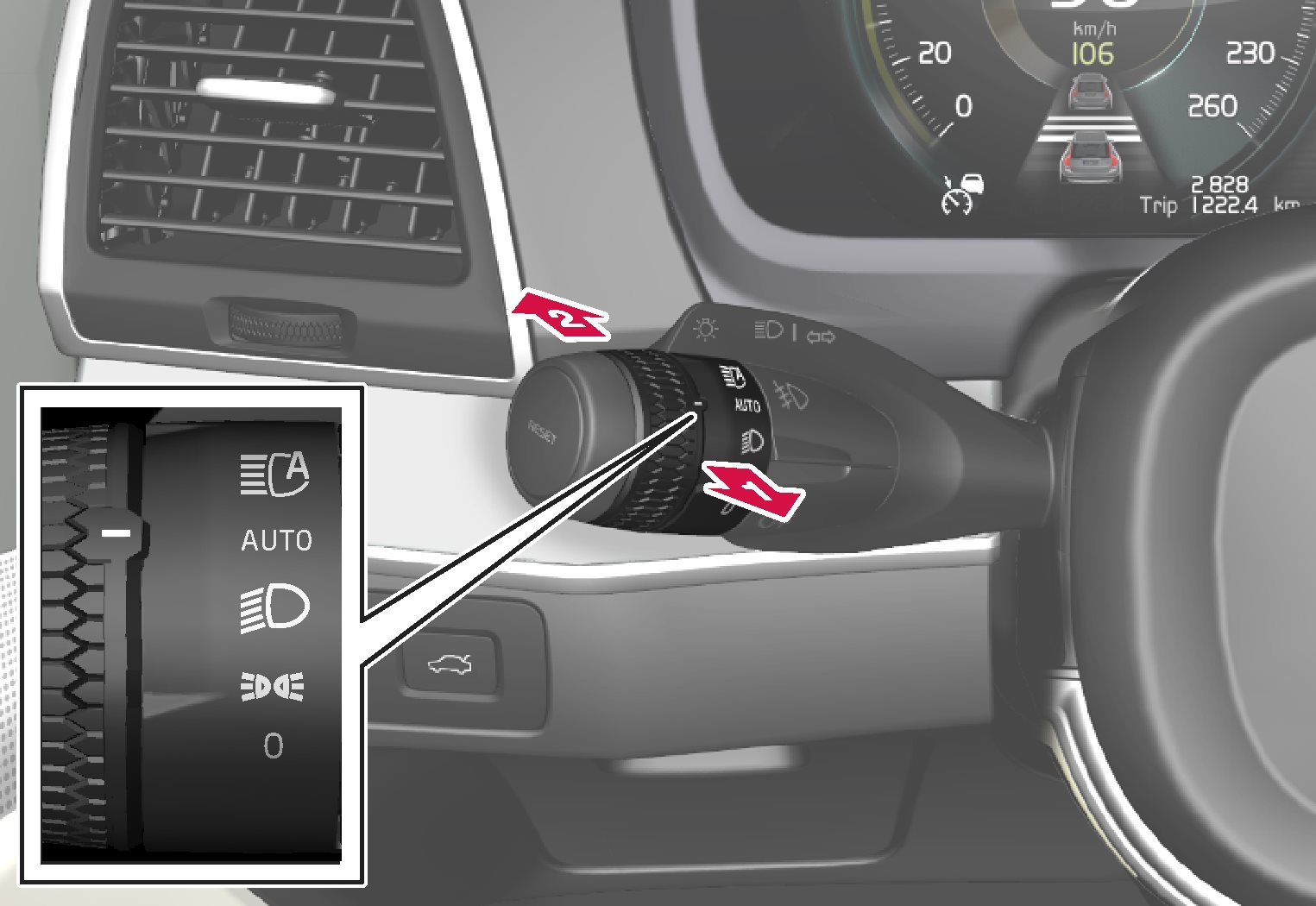 Steering wheel stalk switch with rotating ring.
