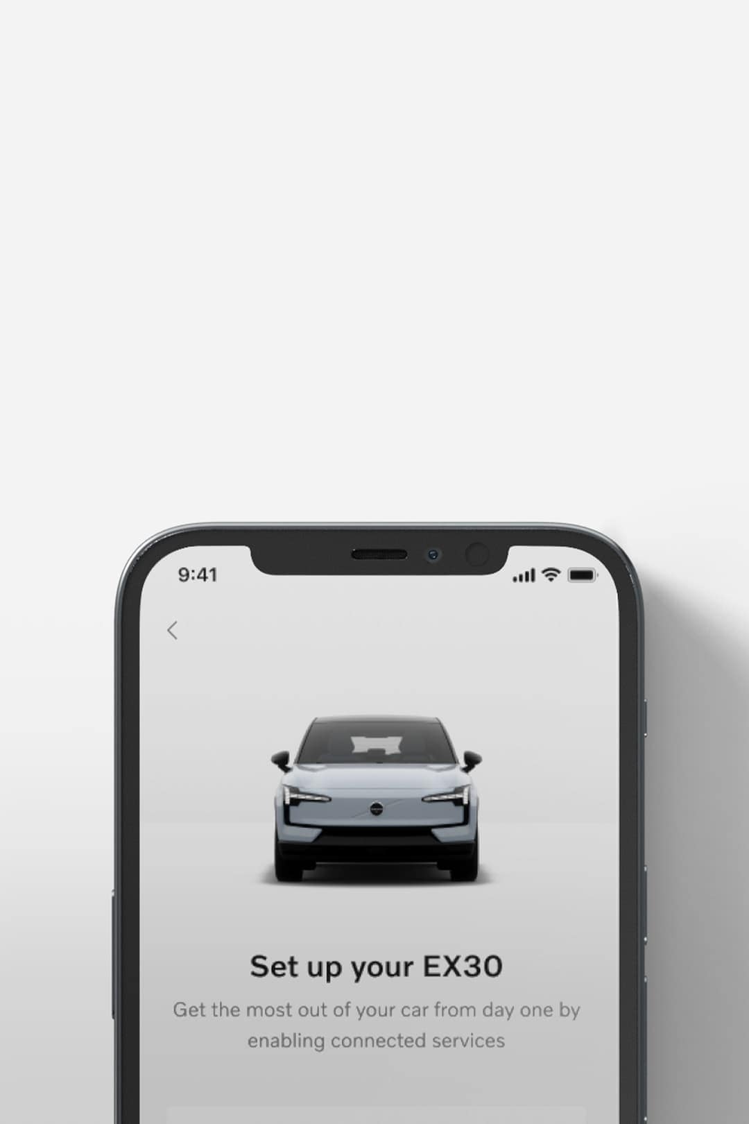 App del EX30 de Volvo Cars y una vista frontal de un Volvo EX30