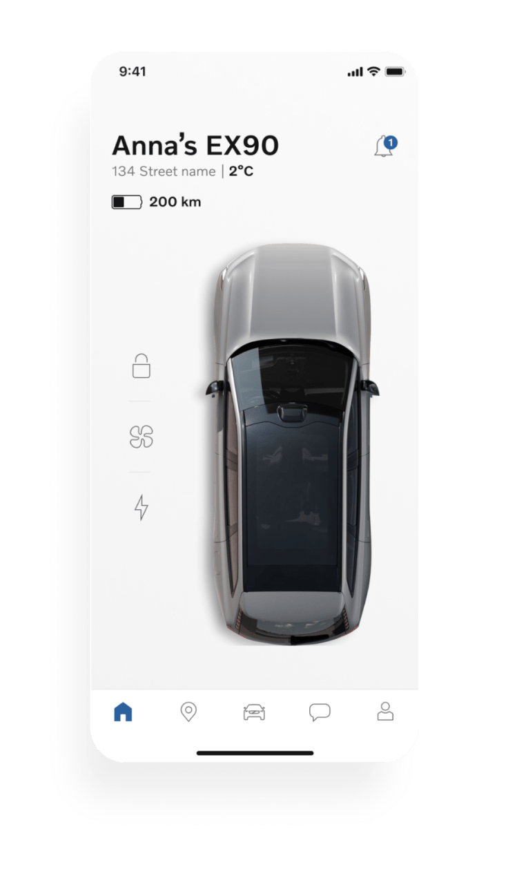 تطبيق "شركة سيارات فولفو" وصورة من الأمام لفولفو EX30