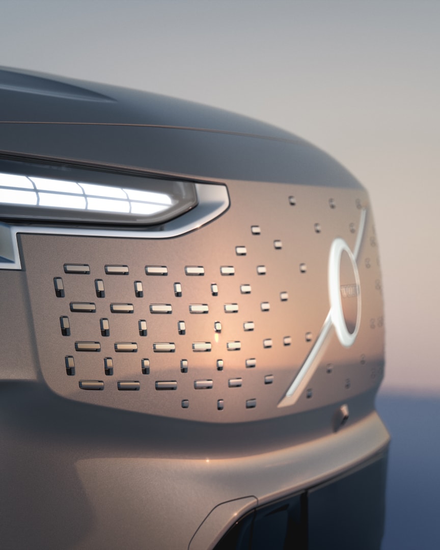 Close-up image of the bold illuminated grille featured on the 6-seater fully electric premium EM90 MPV.