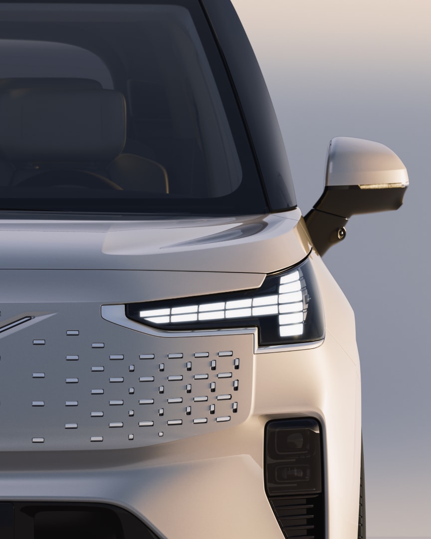 Close-up image of the segmented Thor’s Hammer headlights, a signature Volvo Cars feature.