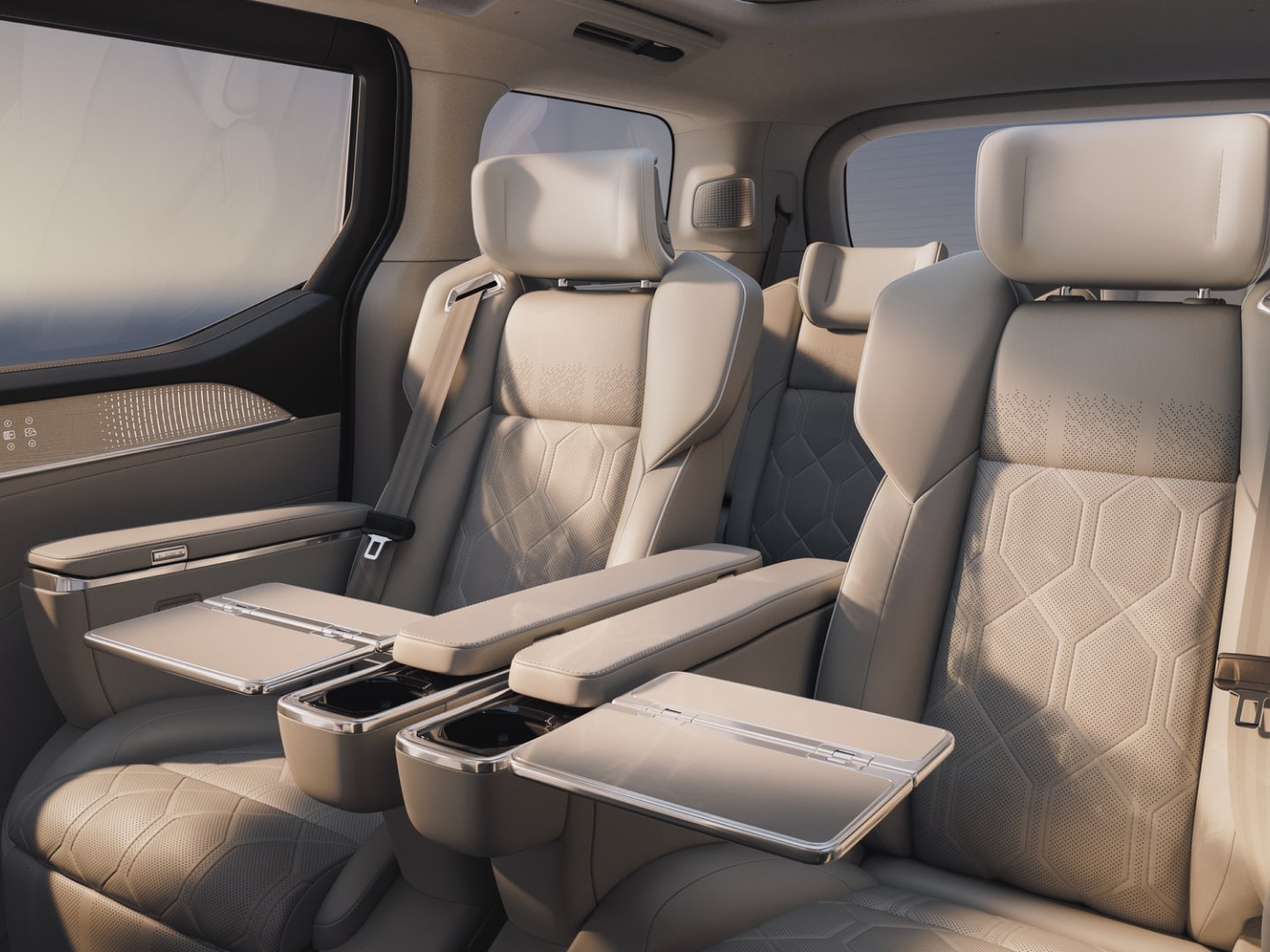 Dappled light falls on the second-row lounge seats featured in the Volvo EM90.