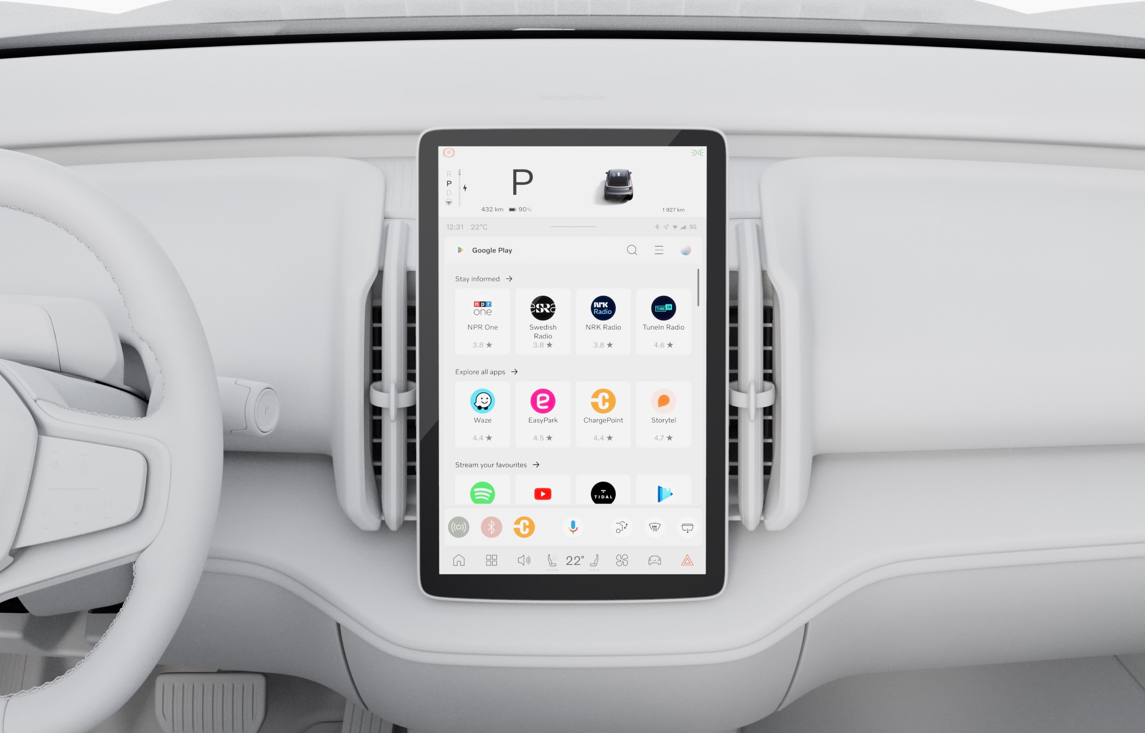 Pohled zblízka na 12,3" dotykový centrální displej s vysokým rozlišením, na kterém se ve voze Volvo EX30 zobrazuje integrovaná aplikace Google Maps.