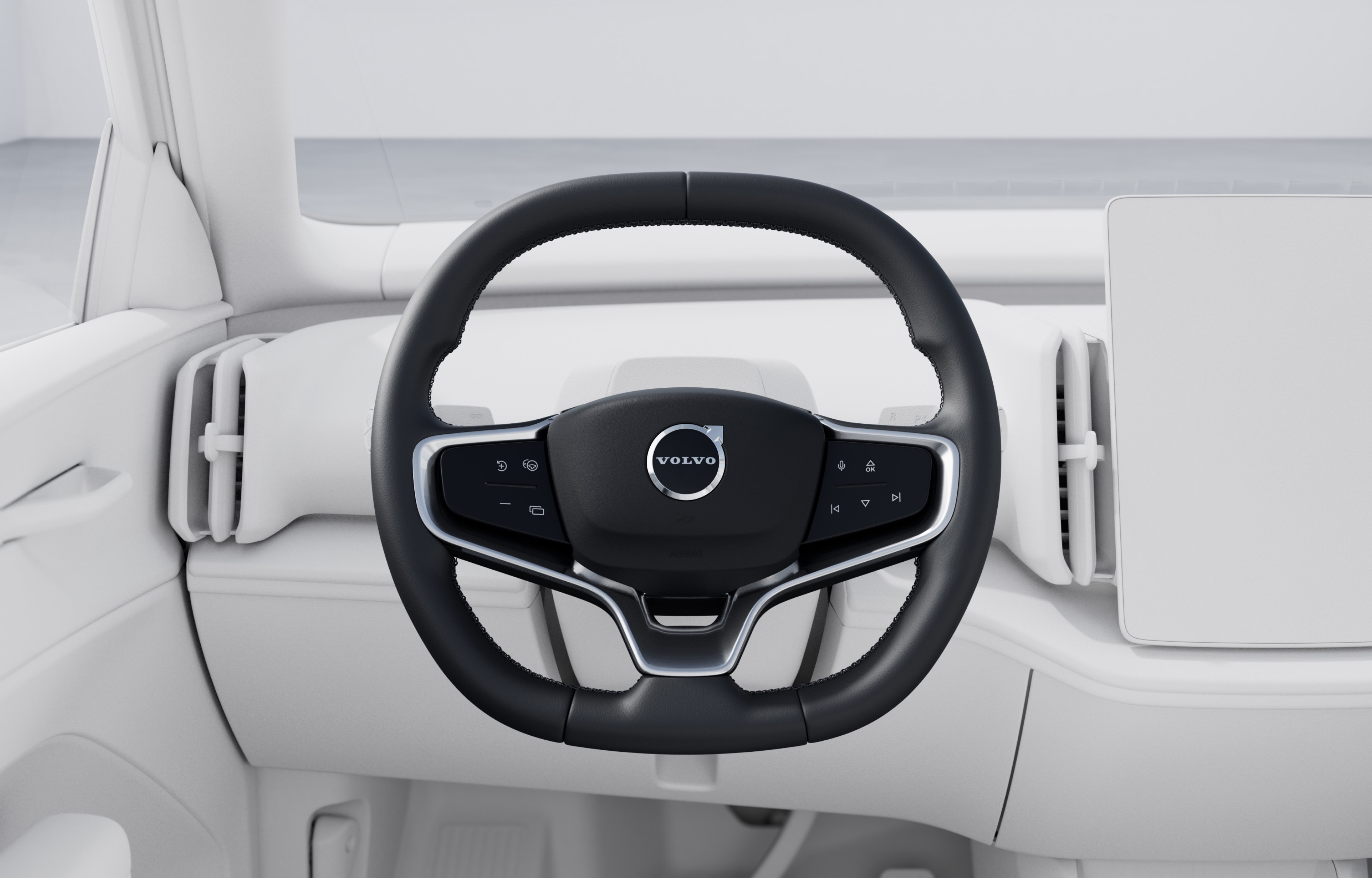 Image showing the squared sport steering wheel of the Volvo EX30.