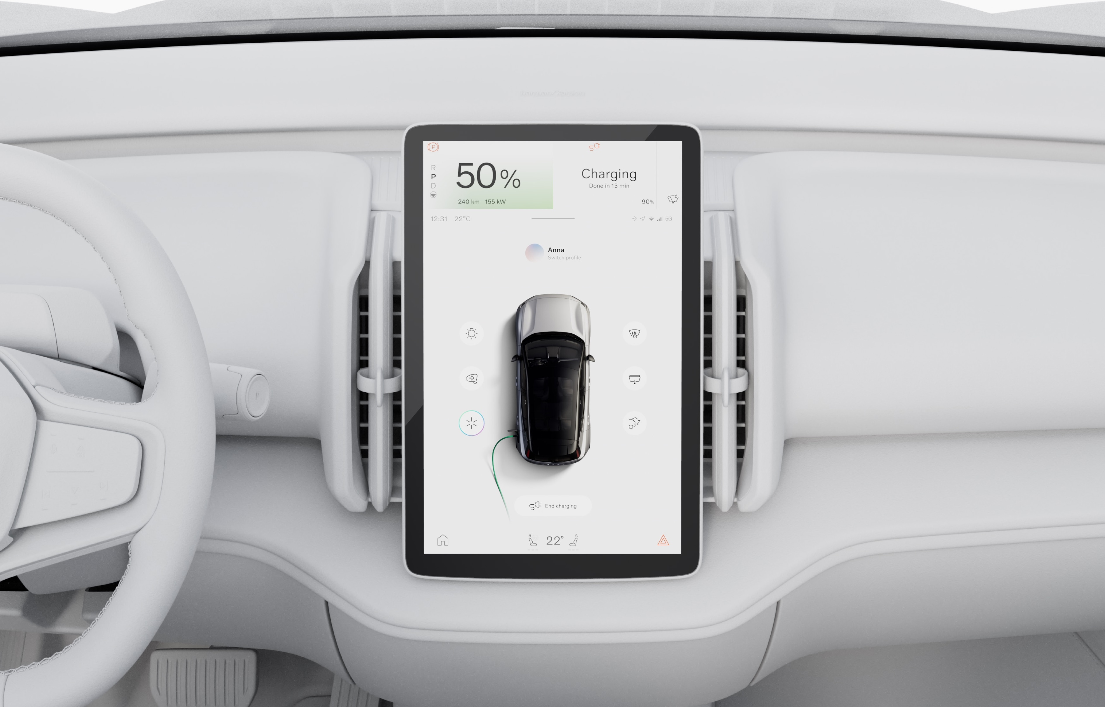 Image of the EX30's high-definition 12.3-inch touchscreen tablet-style centre display showing the rapid charging.