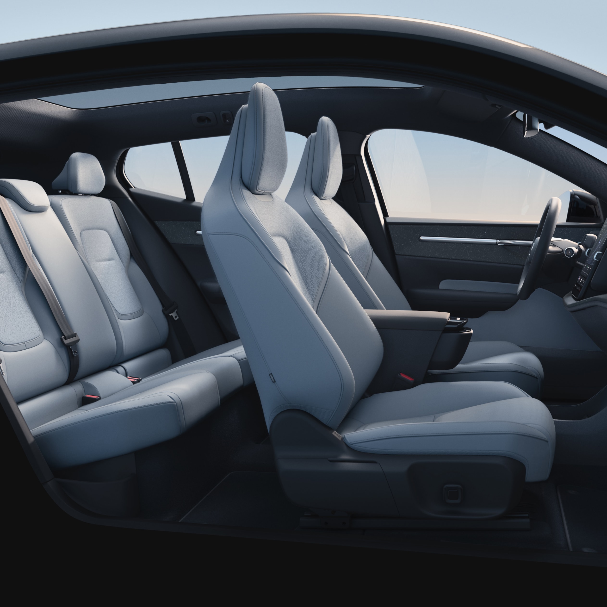 Der Innenraum des Volvo EX30 mit 5 Sitzen im Innenraumdesign-Thema «Breeze».