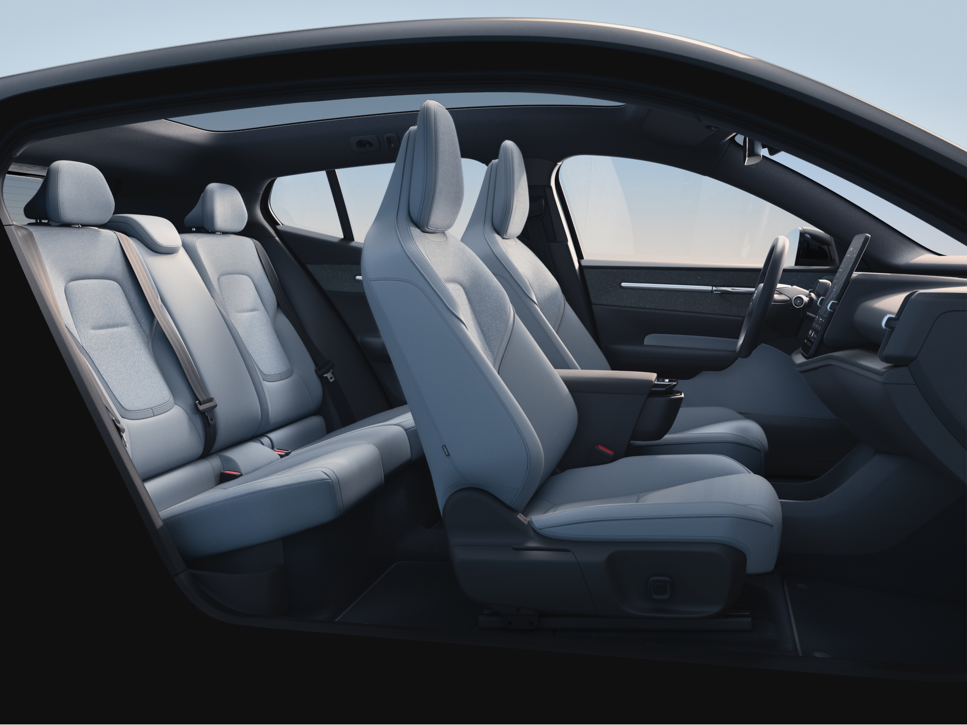 The 5-seat cabin of the Volvo EX30 in an interior design theme called Breeze.