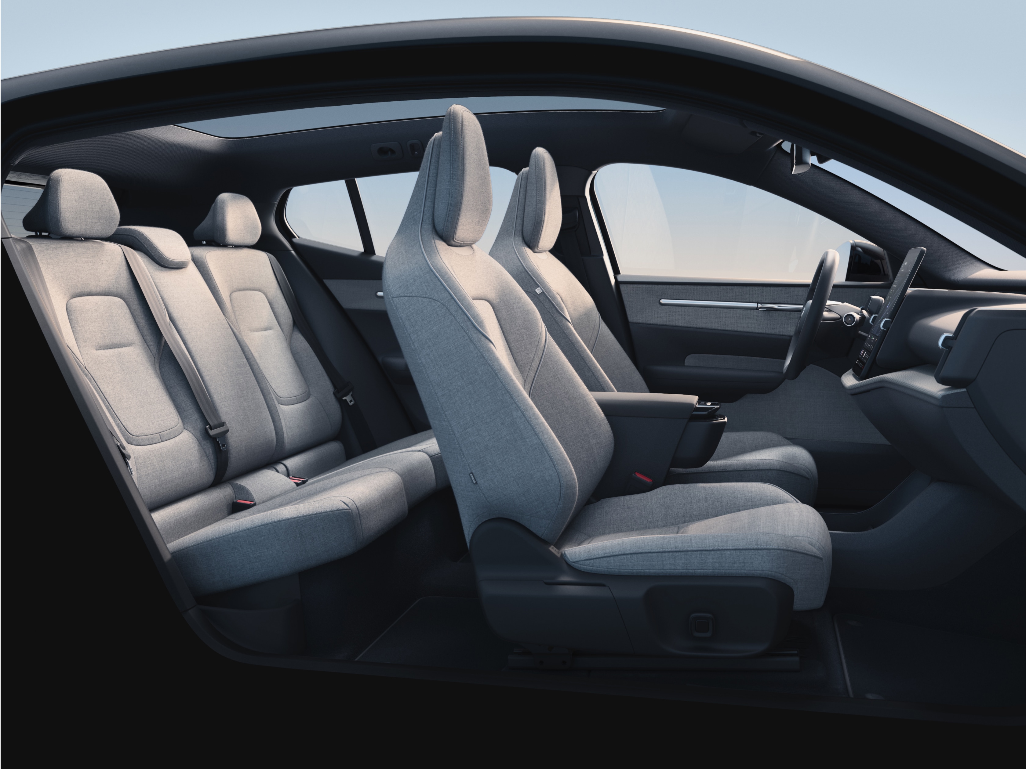 The 5-seat cabin of the Volvo EX30 in an interior design theme called Mist.