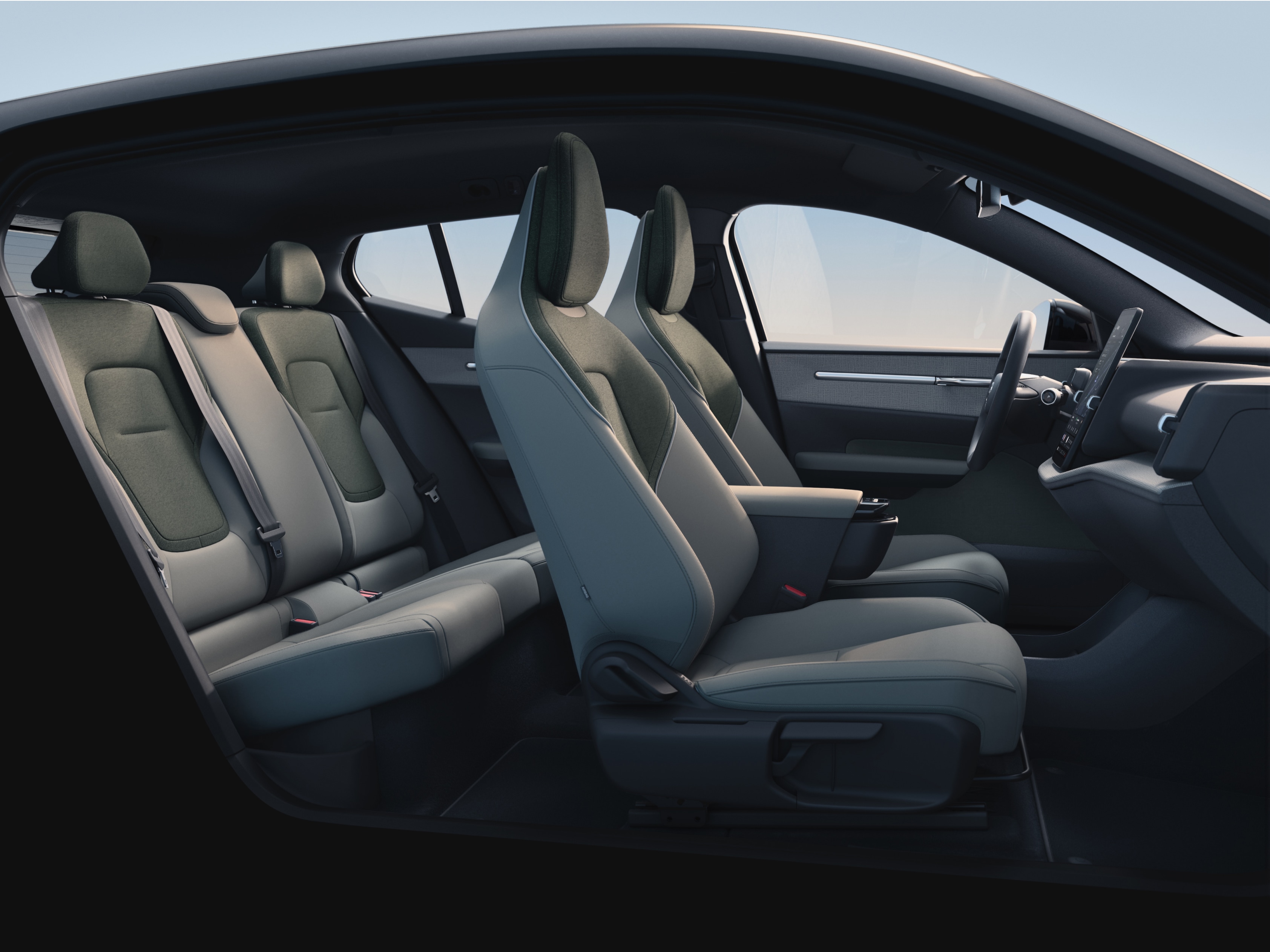 The 5-seat cabin of the Volvo EX30 in an interior design theme called Pine.