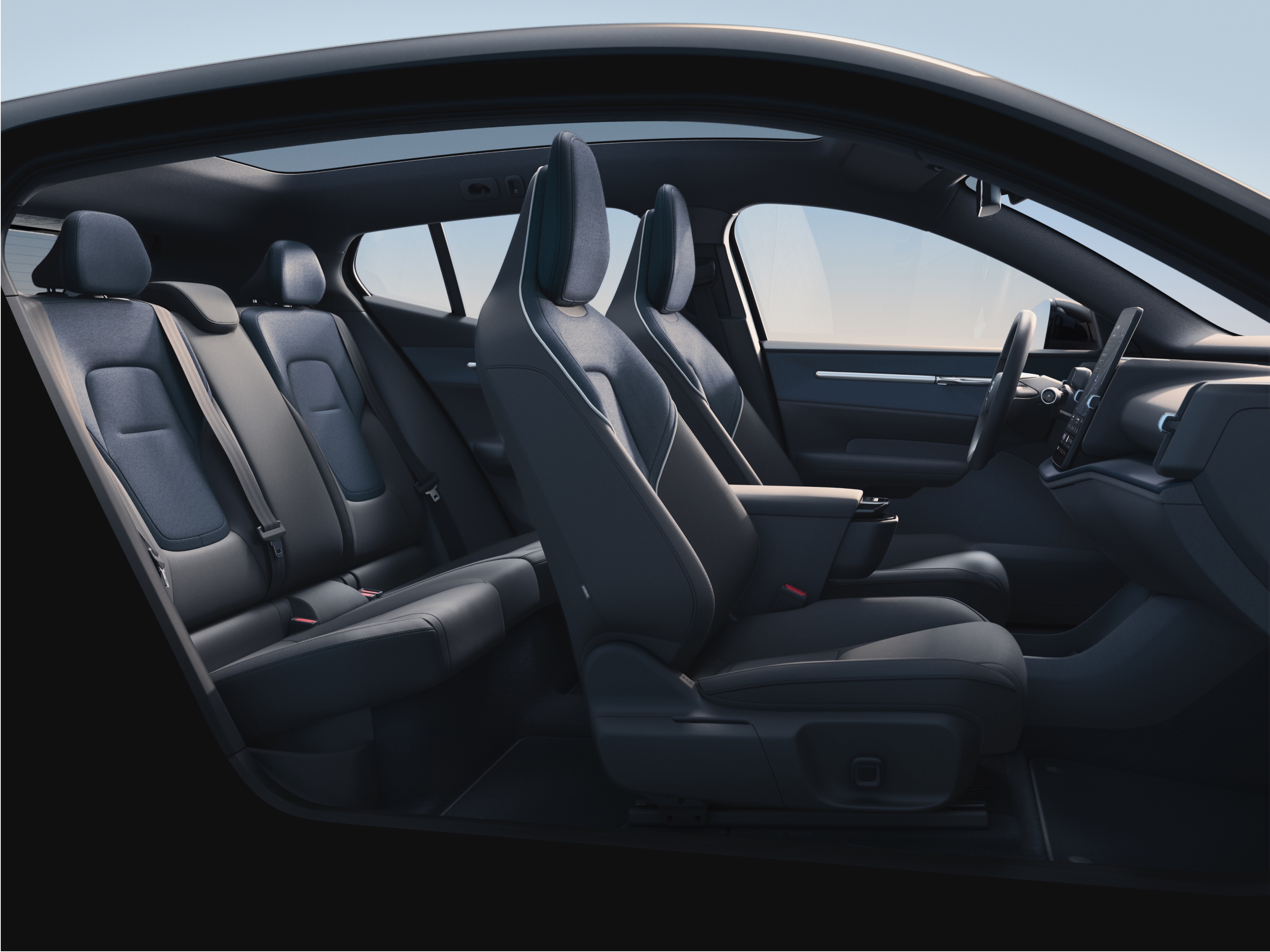 The 5-seat cabin of the Volvo EX30 in an interior design theme called Indigo.
