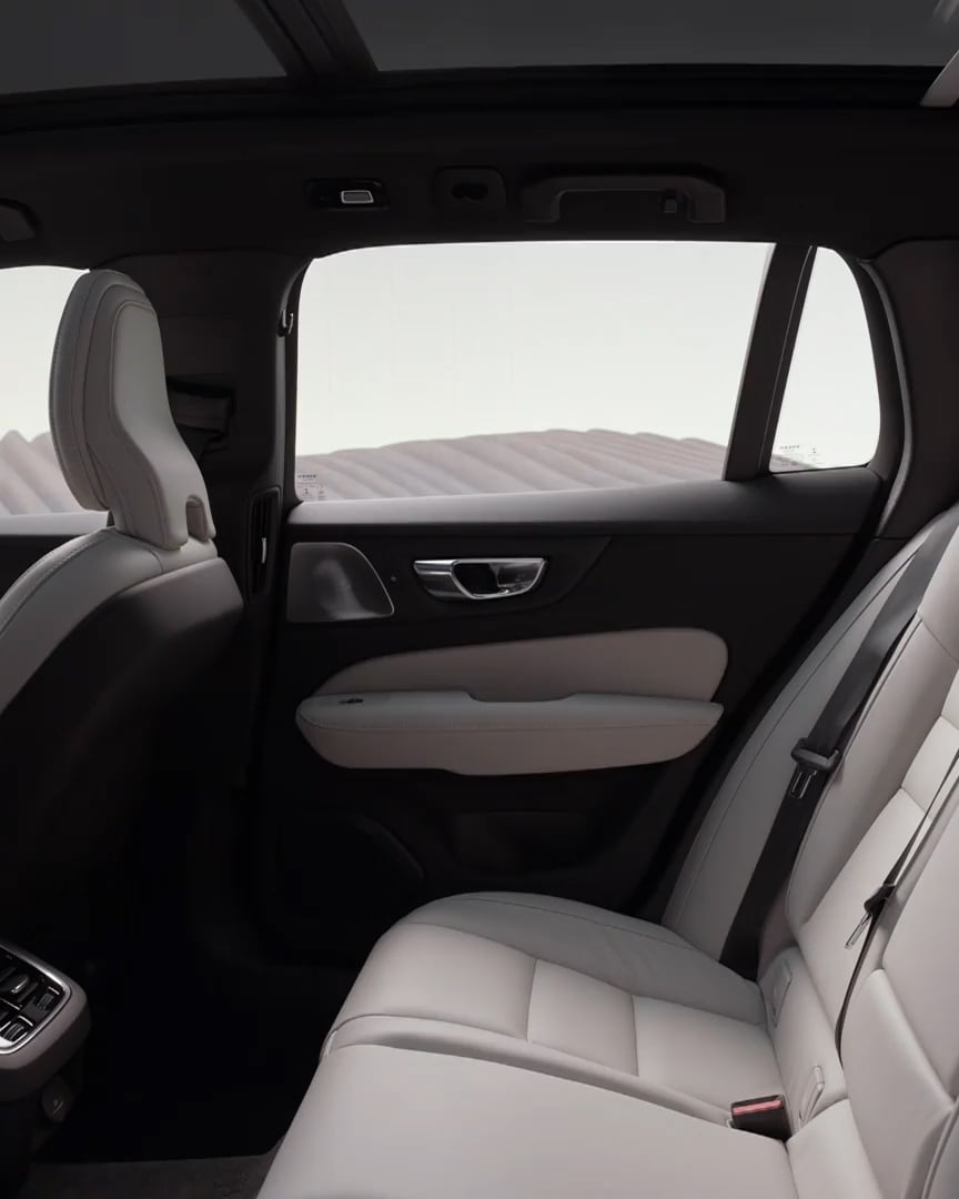 The Volvo V60 Cross Country’s leather-upholstered split-folding back passenger seats and rear center console.