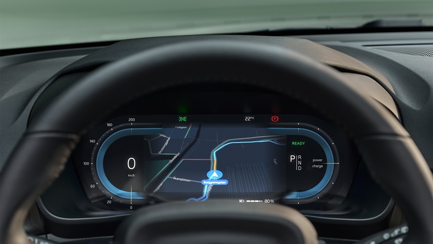 Digital driver information display behind the Volvo XC40 Recharge pure electric’s steering wheel.