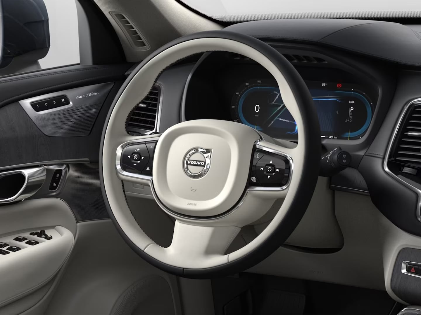 Volante a dos tonos en negro y beige, panel de instrumentos y puerta del lado del conductor en el SUV Volvo XC90 semihíbrido.