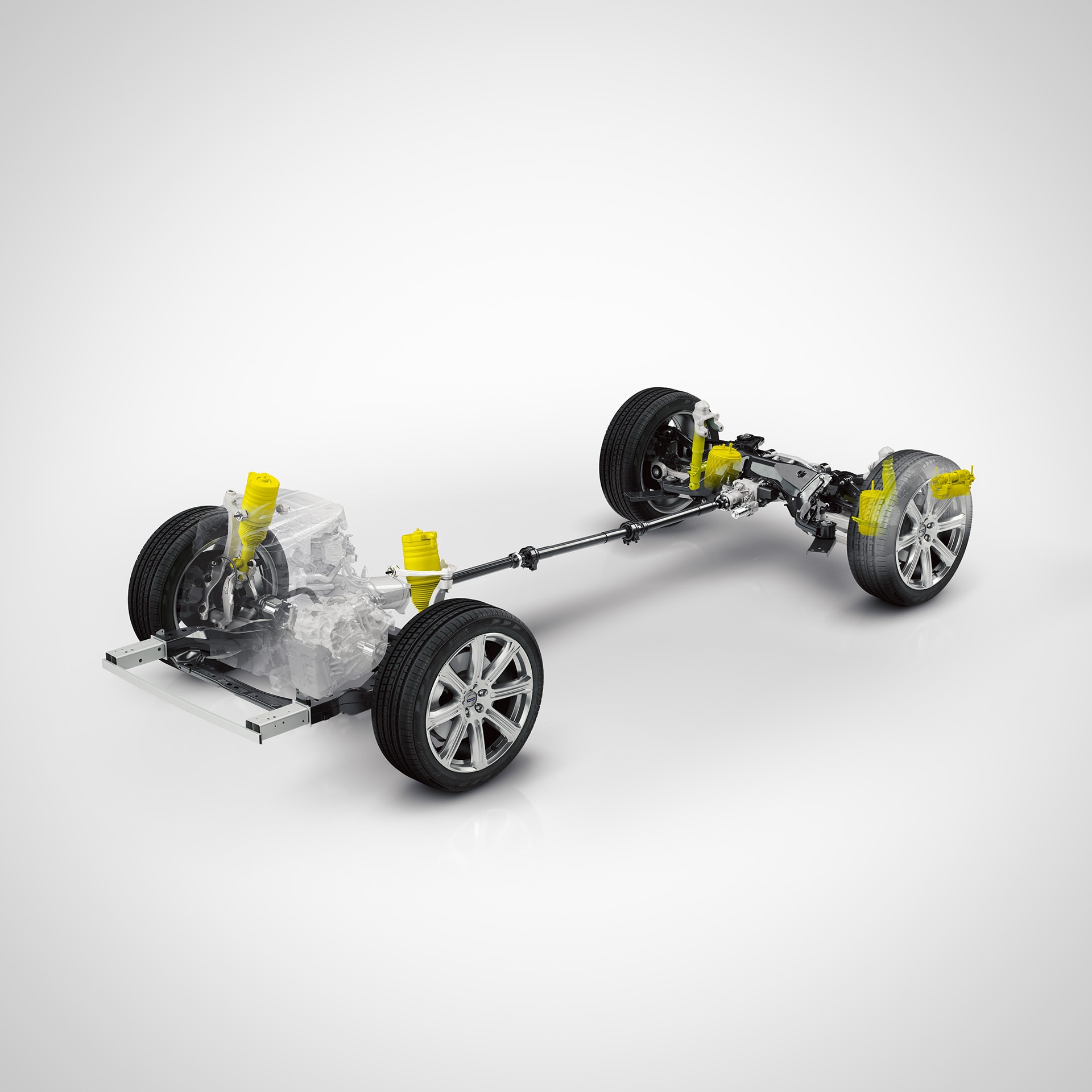 Illustration technique détaillée de la suspension pneumatique et des amortisseurs d'un Volvo XC90 Recharge.