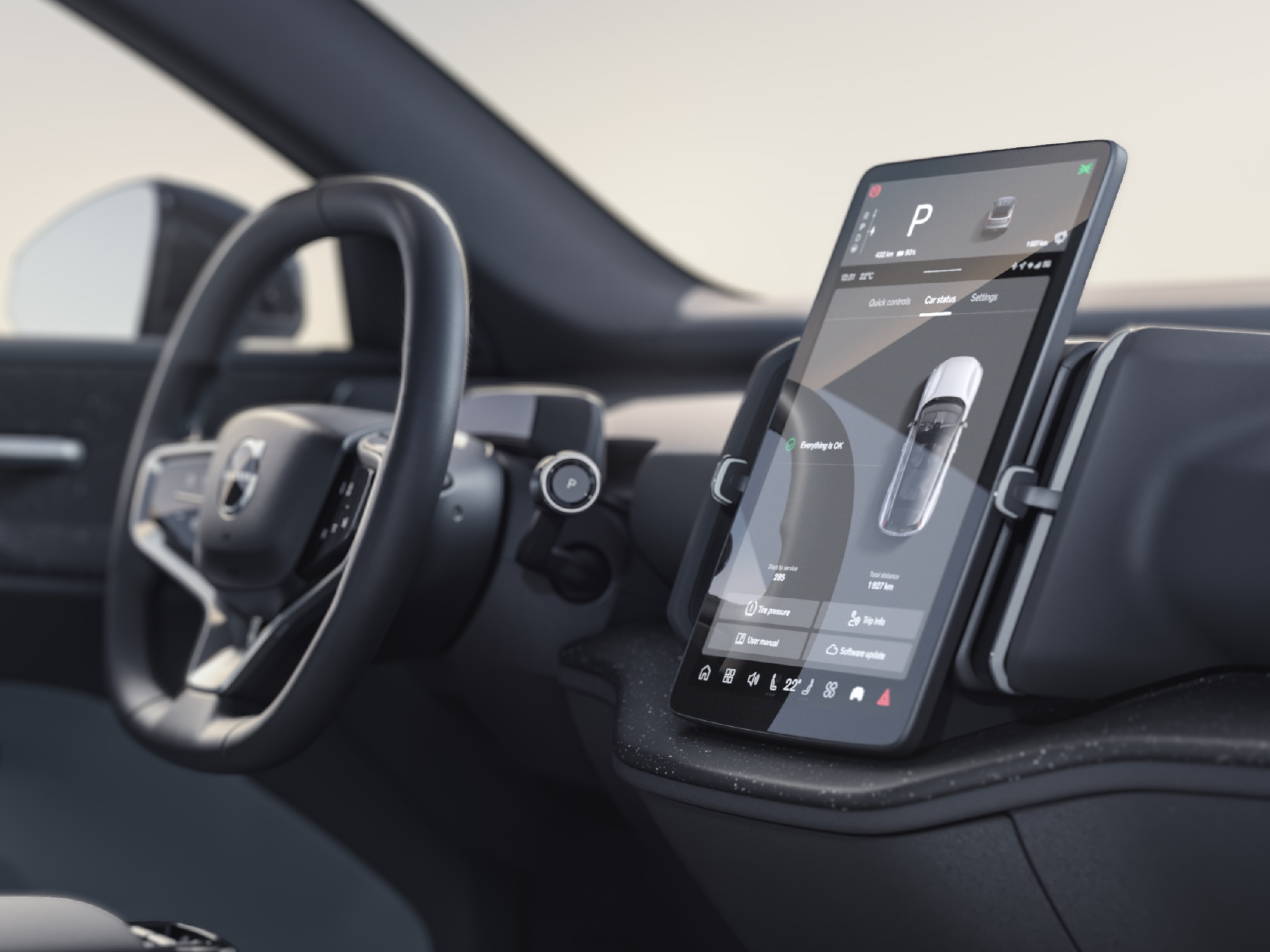 Pohľad zblízka na 12,3" dotykový displej stredovej konzoly modelu Volvo EX30 s vysokým rozlíšením v štýle tabletu.