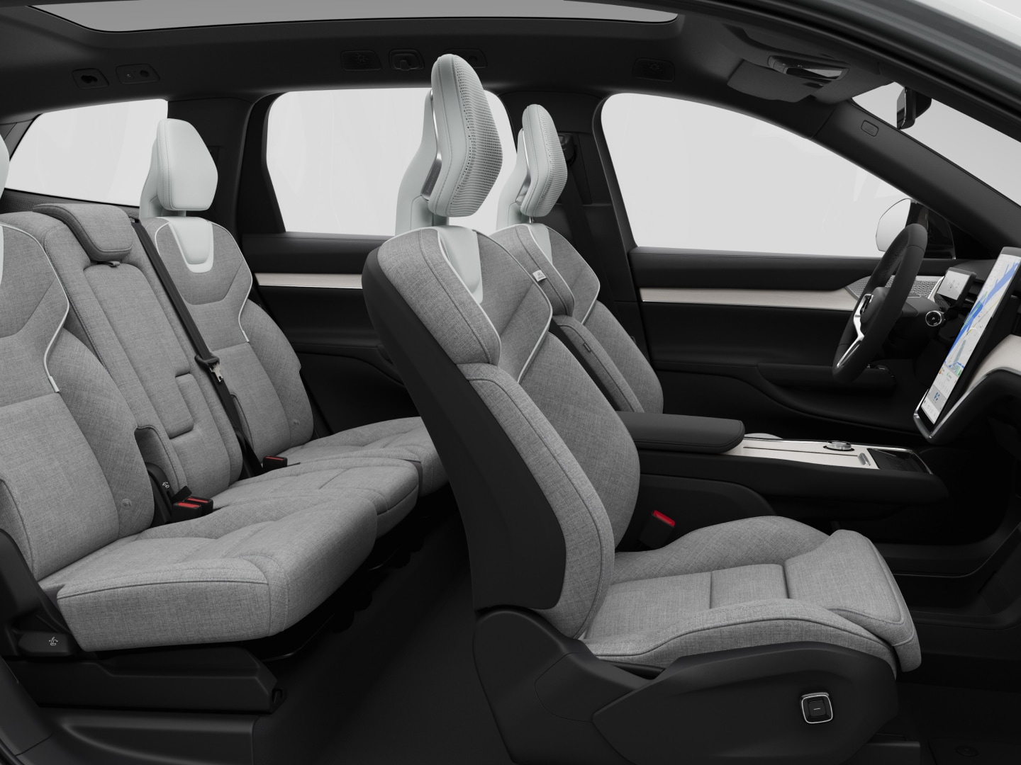 A side view of the seat upholstery of a Volvo EX90 cabin interior. 