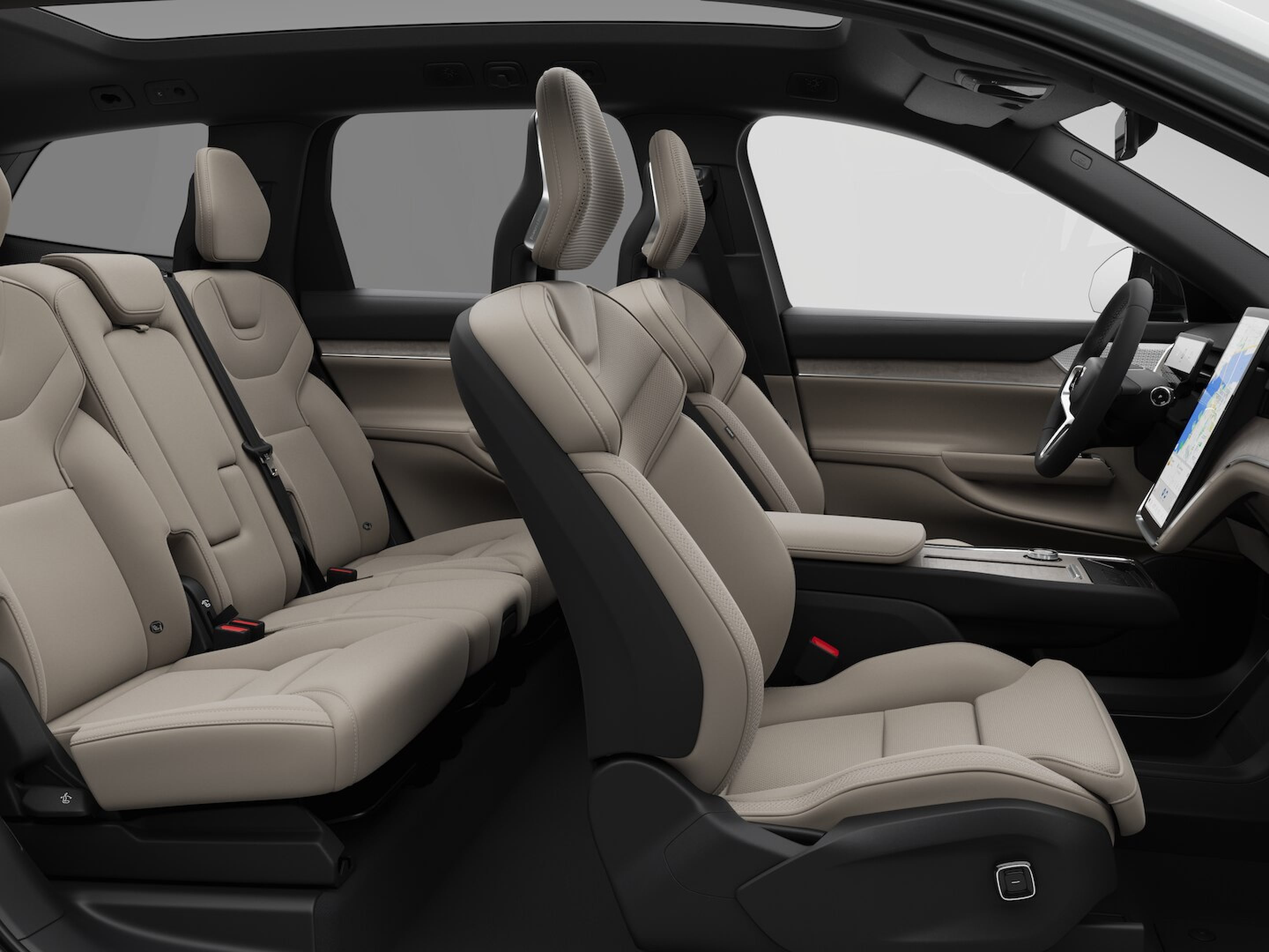 Vista lateral del tapizado de los asientos en el interior de la cabina de un Volvo EX90.