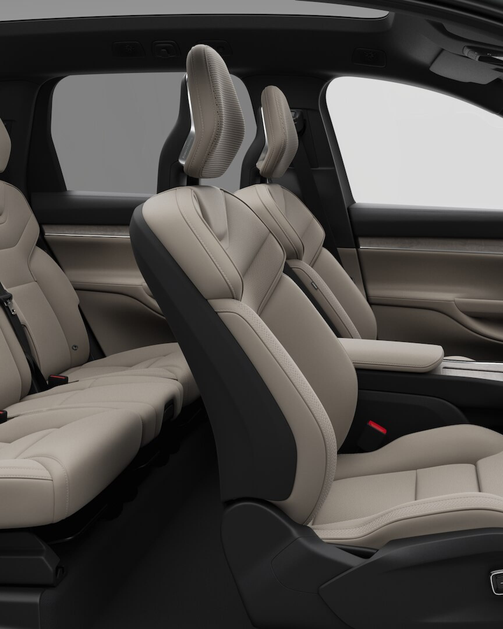 Vista lateral del tapizado de los asientos en el interior de la cabina de un Volvo EX90.