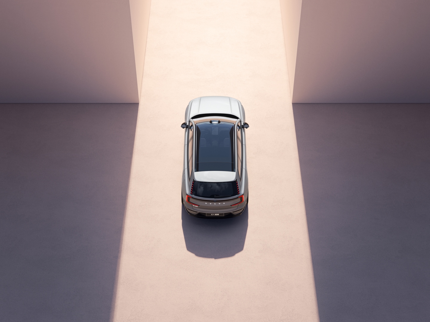 Bovenaanzicht van het panoramadak van een Volvo EX90.
