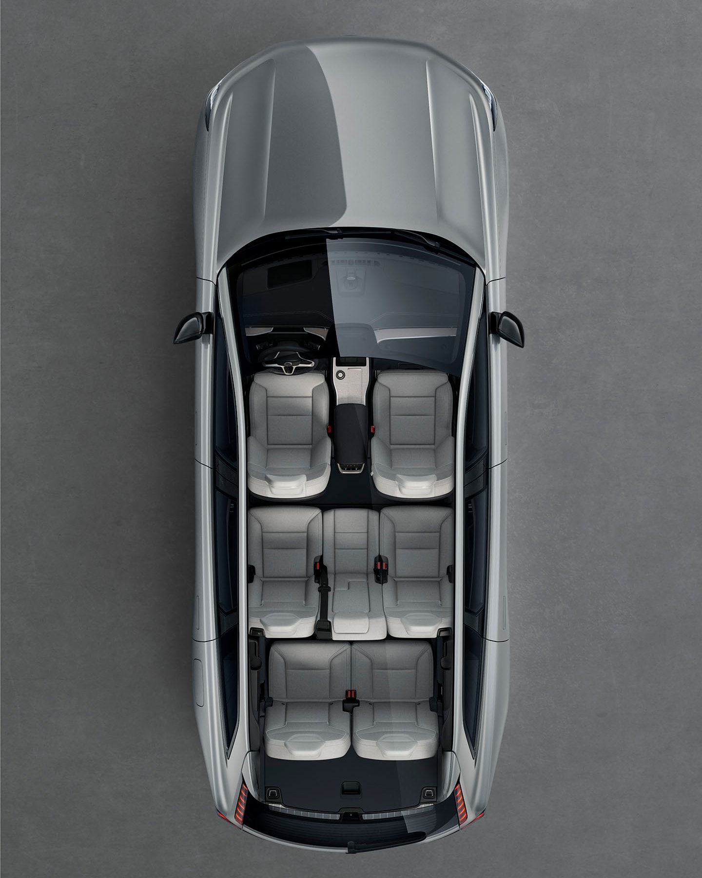 El habitáculo de 7 plazas de un Volvo EX90 visto desde arriba.