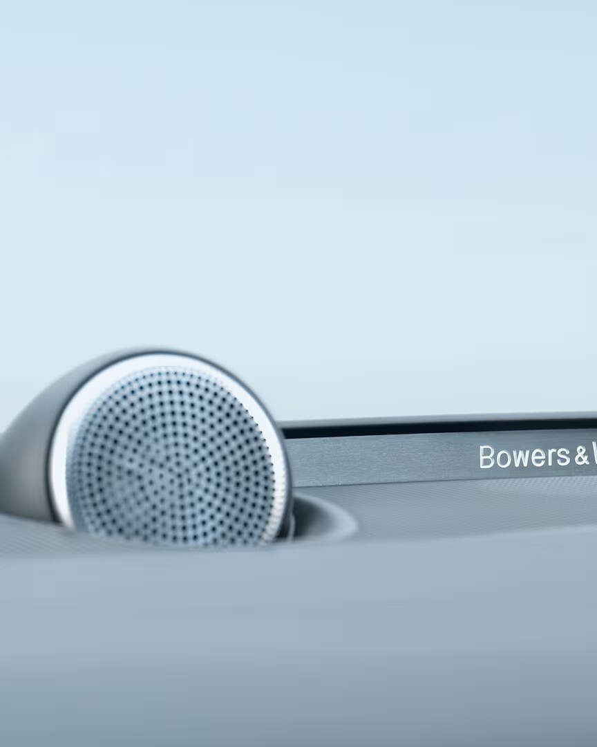 Close-up of a Bowers & Wilkins dashboard speaker in the Volvo S60 mild hybrid.