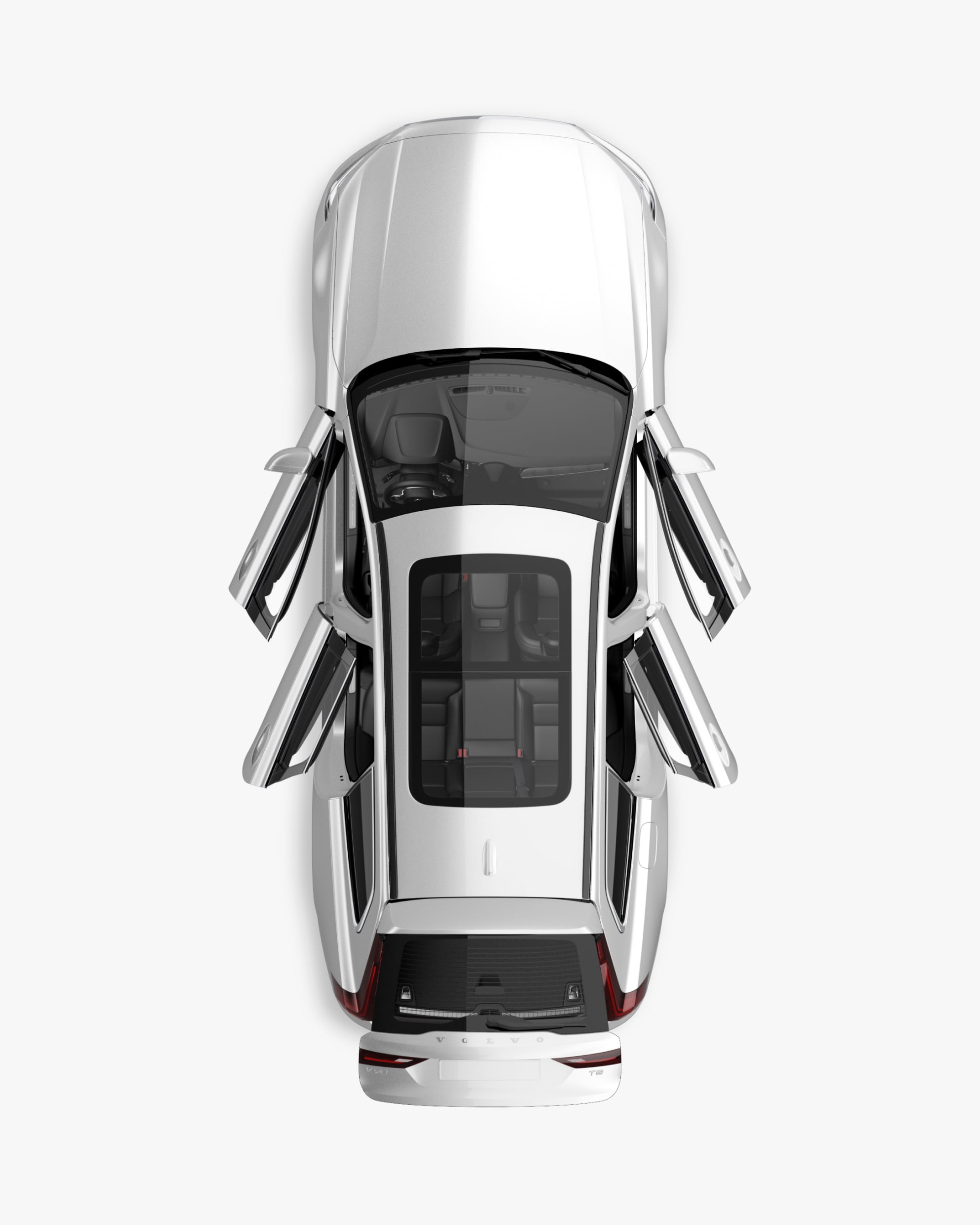 Un Volvo V90 híbrido enchufable visto directamente desde arriba con el interior visible.