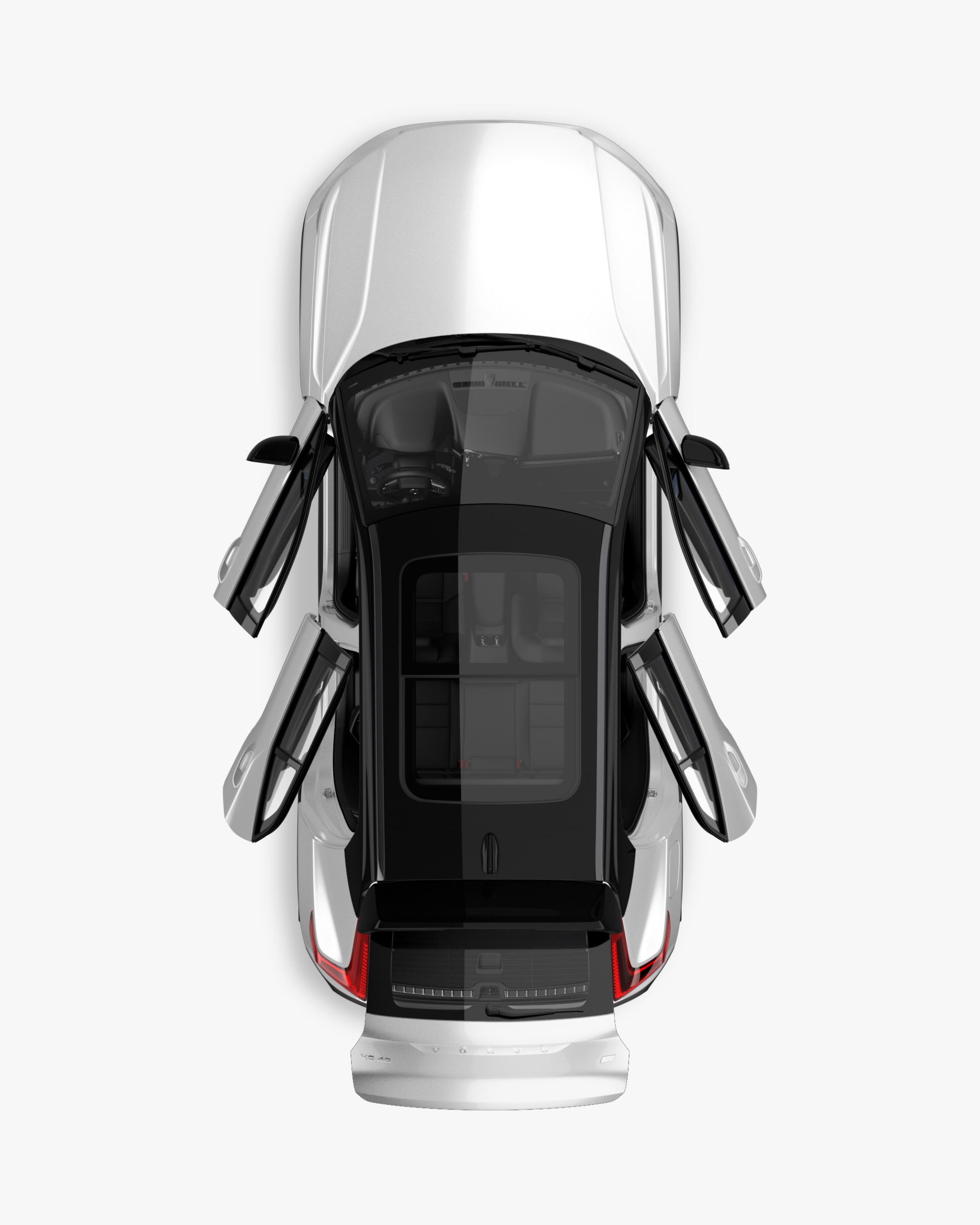 A Volvo XC40 SUV seen from directly above with interior visible.