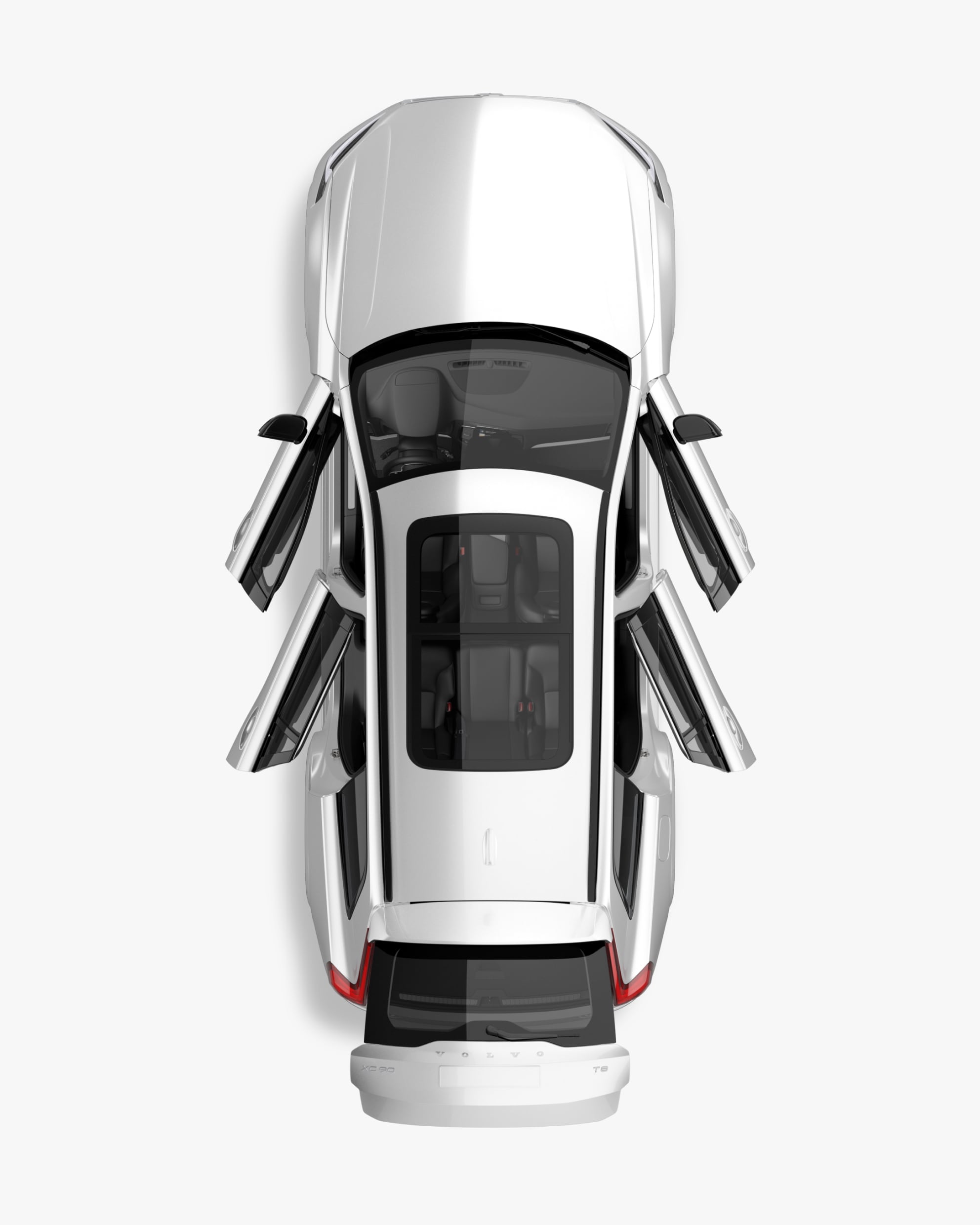Priamy pohľad zhora na SUV Volvo XC90 zachytávajúci aj interiér.