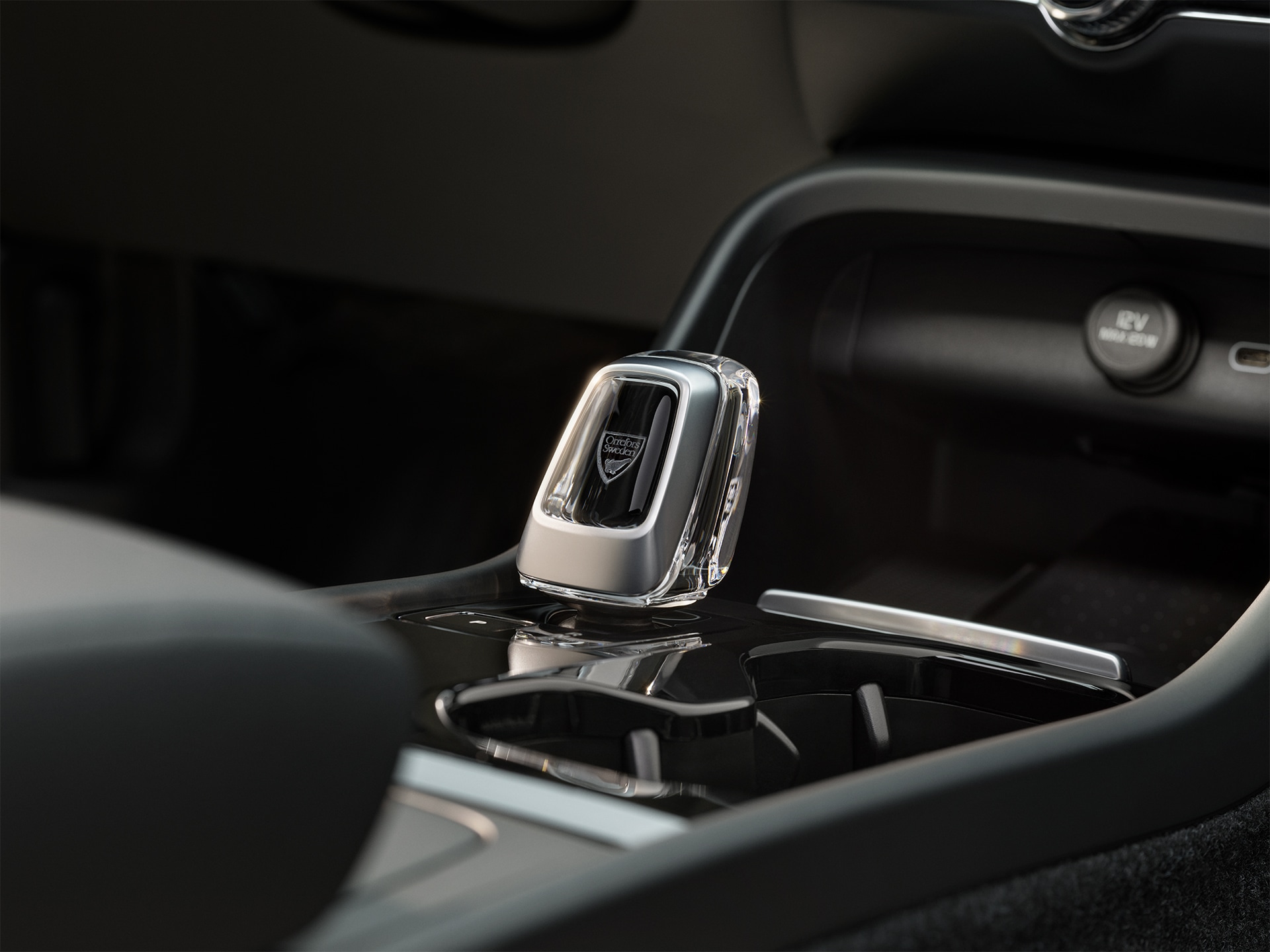 Inside a Volvo XC40 Recharge plug-in hybrid, a crystal gear shifter in genuine Swedish crystal from Orrefors. 