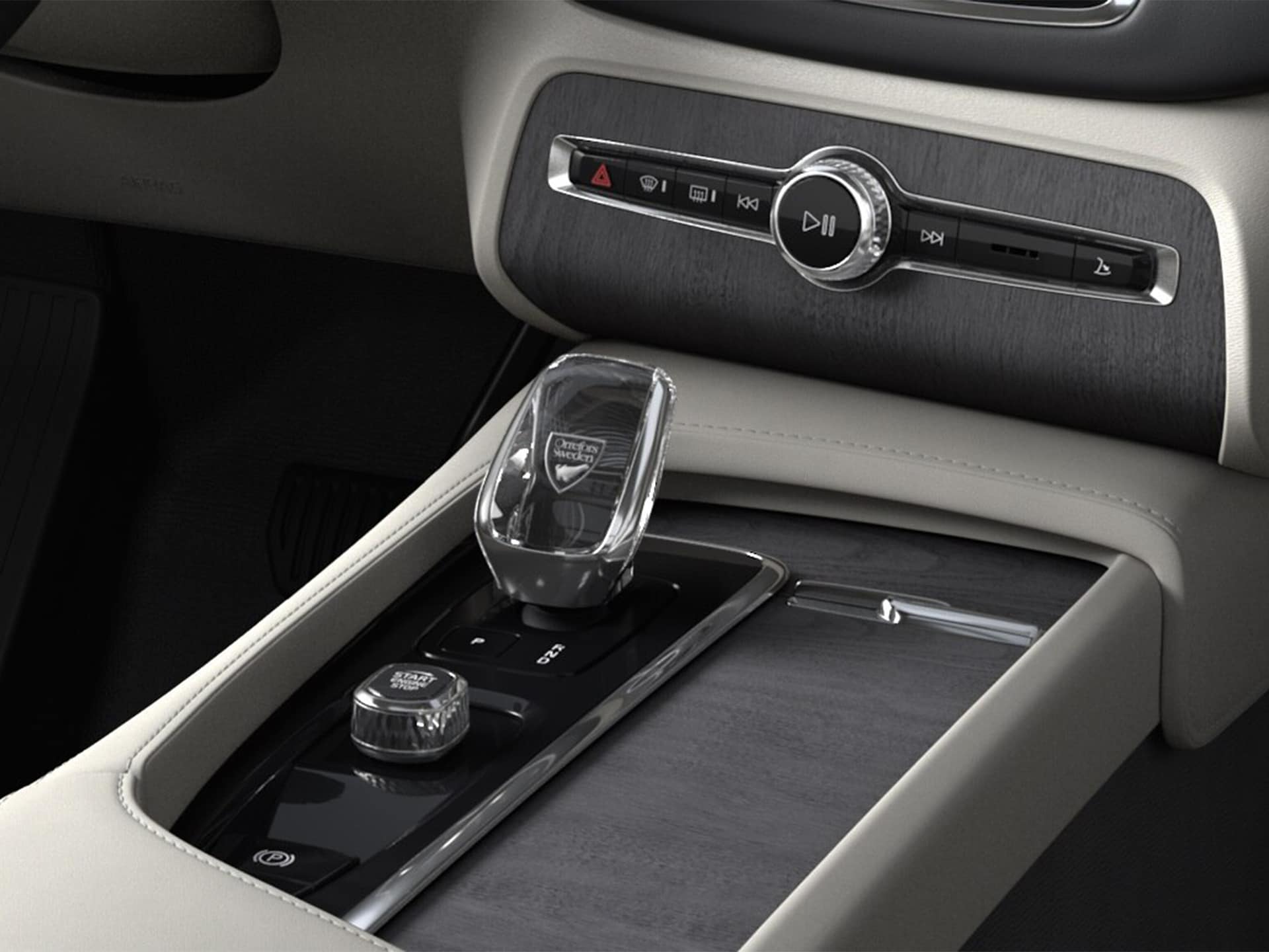 Inside a Volvo XC90 SUV, a crystal gear shifter in genuine Swedish crystal from Orrefors.