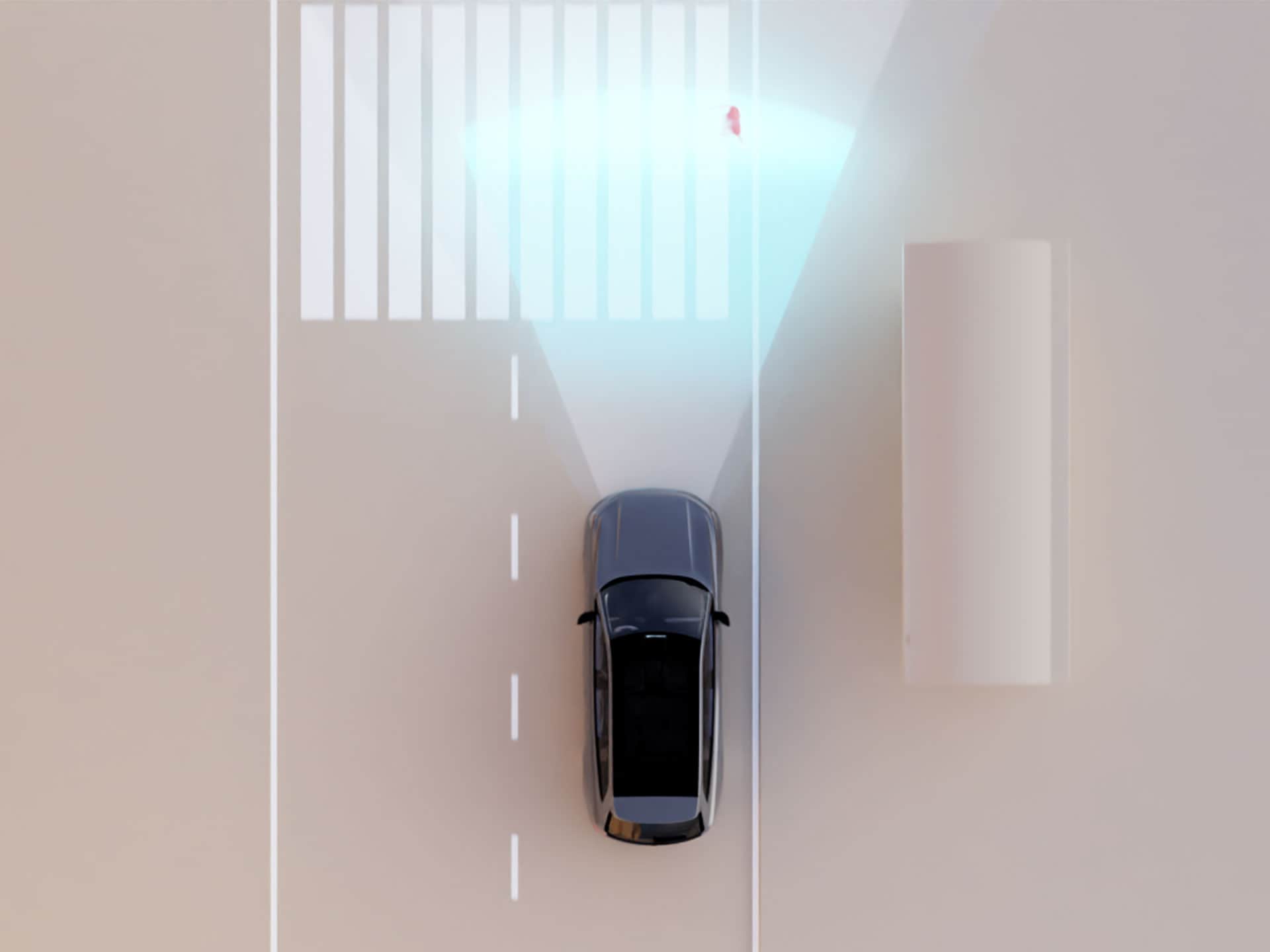 Een geïllustreerde weergave van de detectietechnologie van Volvo Cars die een voetganger op een zebrapad detecteert.