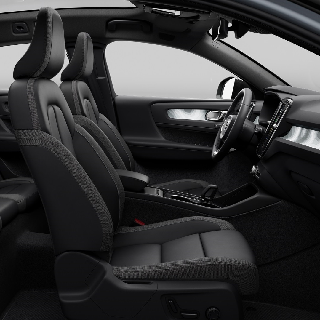 Side view of Volvo C40 Recharge interior leather free seating. 