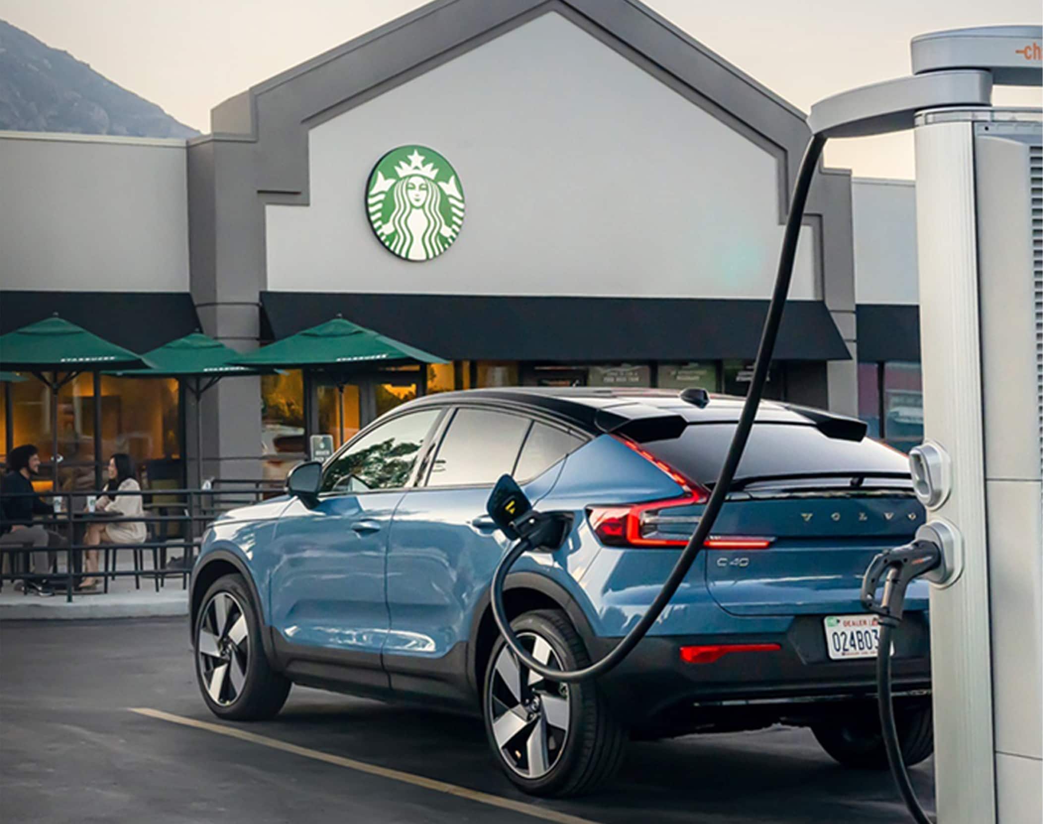 Starbucks Volvo EV Charging Stations - Electric vehicle charging outside of Starbucks
